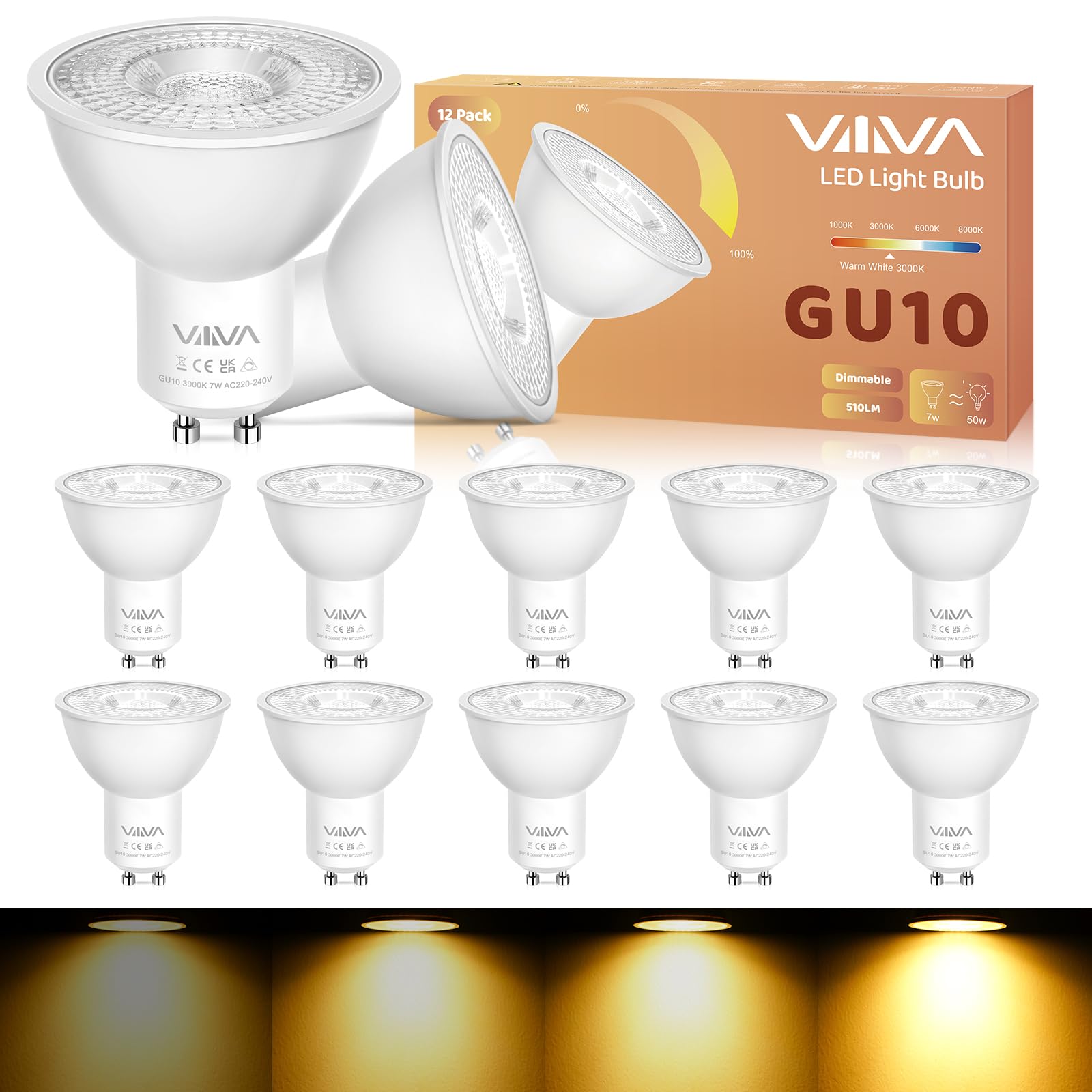 VIIIVA GU10 Led Bulbs Warm White Dimmable-12 Packs,7W 3000K Spotlight Light Bulb, (50W Equivalent) Energy Saving, CRI>80