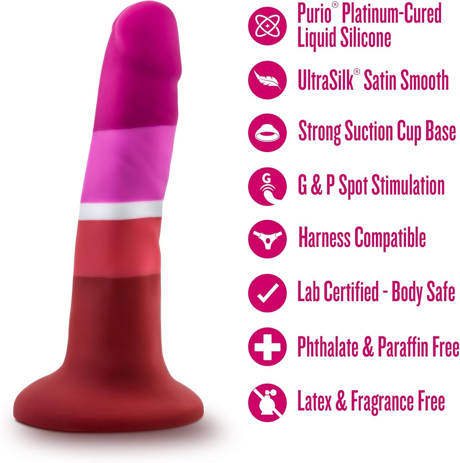 Blush Avant Pride P3 Beauty 5.5” Petite Dildo for G-Spot - Ultrasilk Smooth Slim Silicone Cock - Suction Cup, Strap-On, Body-Safe - Luxury Play Adult Sex Toy for Women, Men & Couples - (Strips)