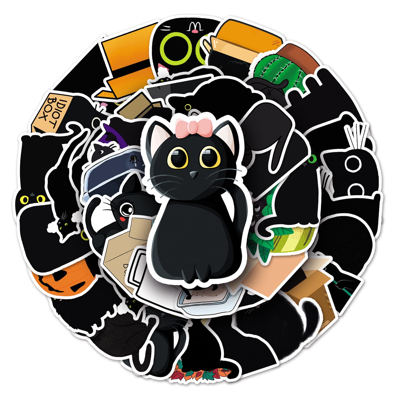 Affoto Black Cat Stickers for Laptop (50 PCS),Gift for Children Teens Adults Girl Boys,Waterproof Stickers for Water Bottle,Black Cat Vinyl Stickers for Scrapbook,Skateboard,Bike,Phone,Dairy