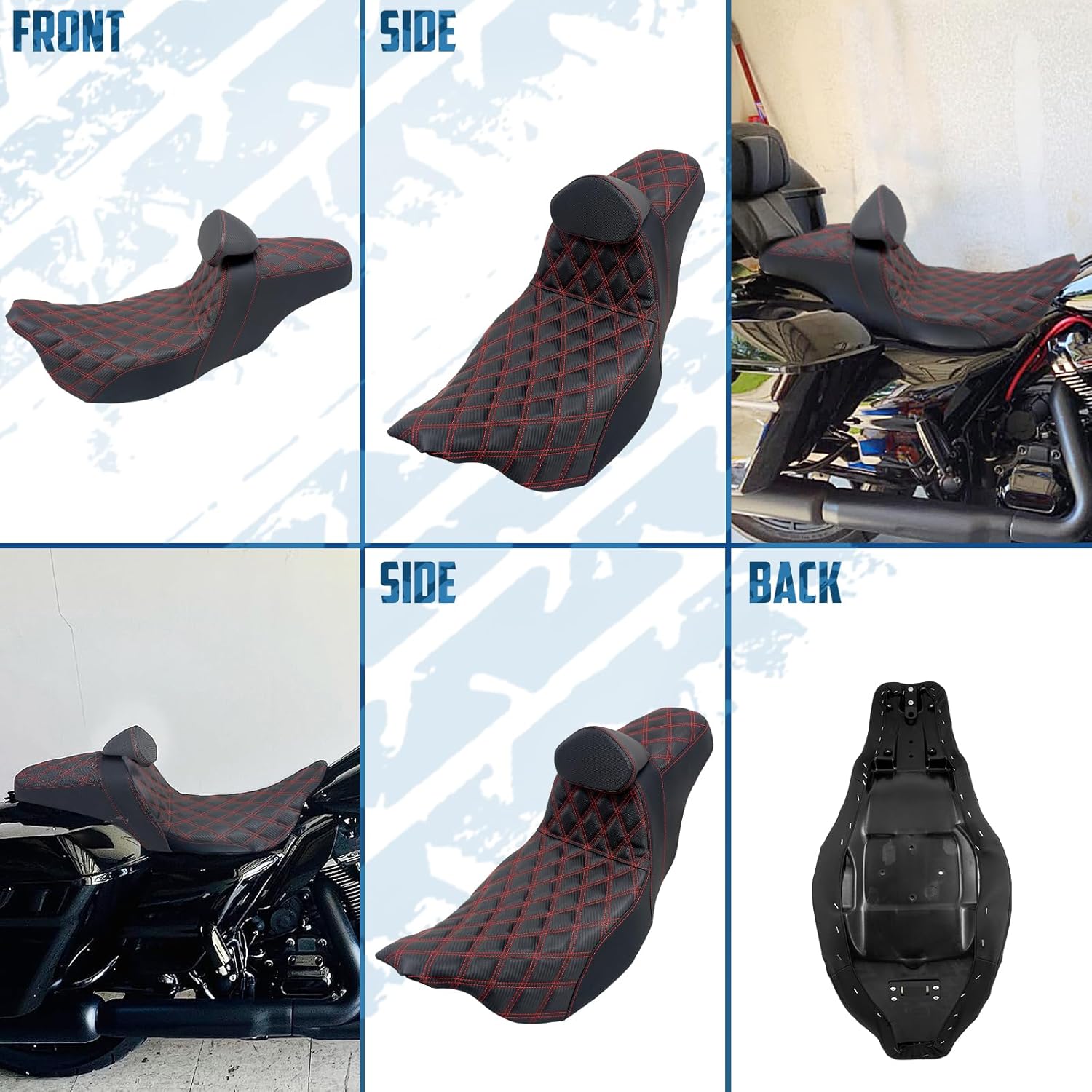 One-Piece Driver Passenger Seat Motorcycle 2-up Seat With Driver Backrest Cushion Pad Fit for Harley Touring Electra Glide Road King Road Glide Street Glide 2009-2023 (Red Stitching)