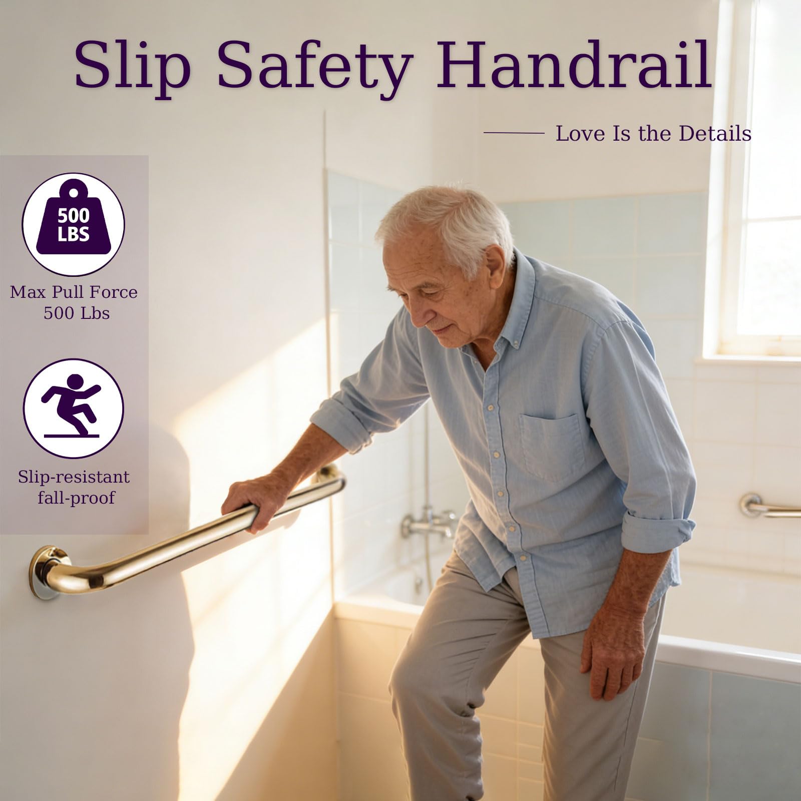 Haltegriff aus Messing für die Dusche,rutschfester Haltegriff Gold für mehr Sicherheit Badezimmer,stabiler Handlauf für Senioren und Menschen Behinderung,Armlehnen Hal(Size:25-Inch,Color:Antik-Finish)
