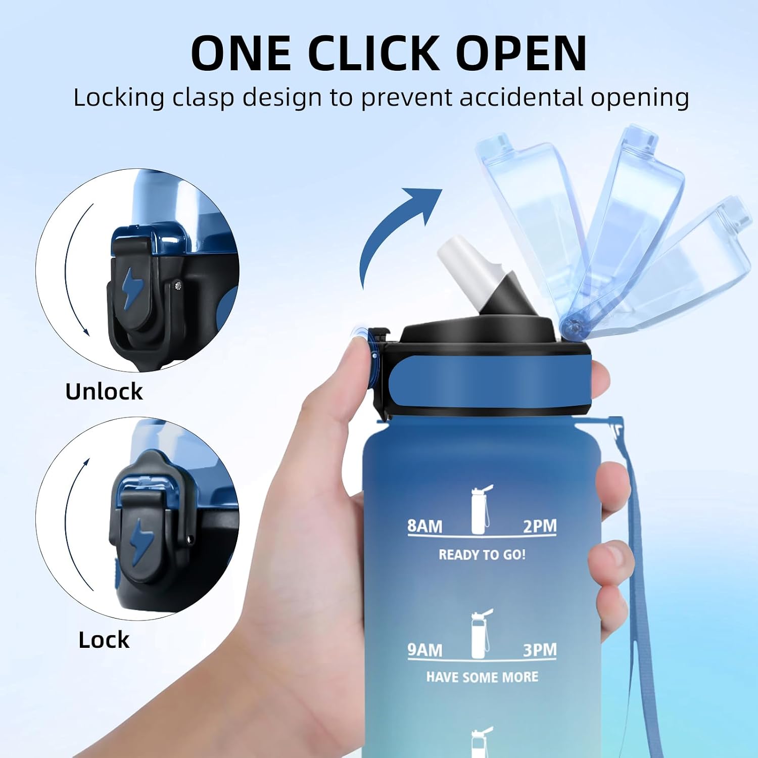 Grsta Water Bottle 1 L, Sports Water Bottle for Adults, Water Bottle with Straw, Easy to Clean, Water Bottle with Time Marking, Water Bottle for Fitness, Hiking, Camping, Outdoor