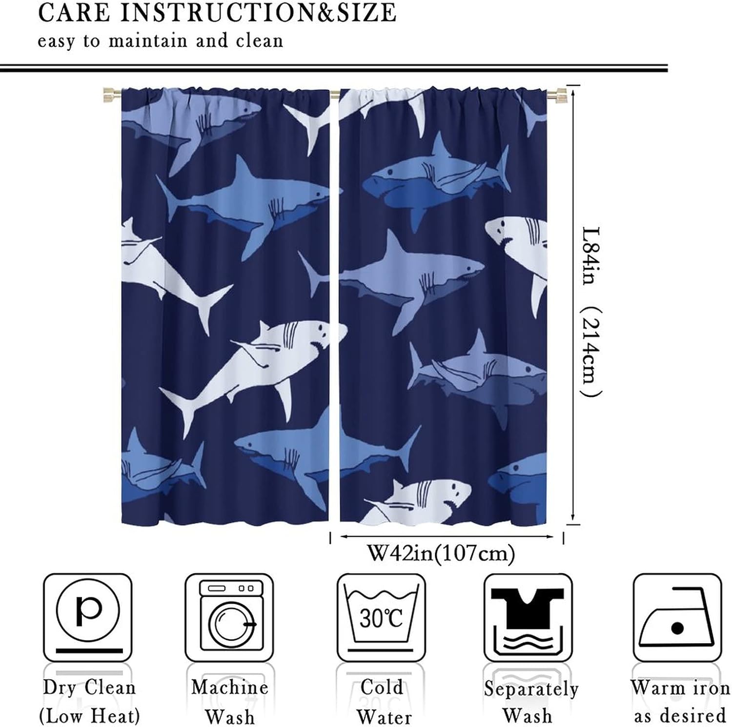 Shark Fish Window Curtains, Ocean Animal Navy Blue Room Darkening Rod Pocket Windows Treatments for Boys Girls Toddler Bedroom Living Room 84x84in