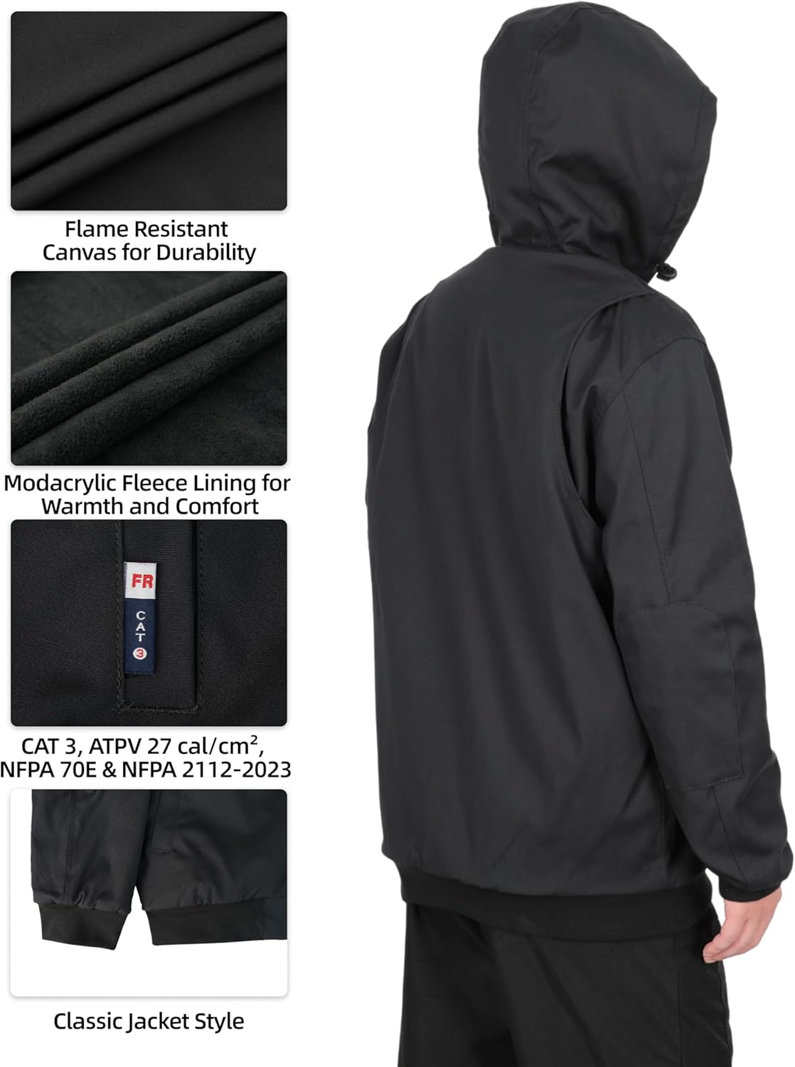 BOCOMAL FR Jackets Heavyweight Canvas and Modacrylic Fleece Lined Hooded Flame Resistant Winter Work Coat NFPA 2112 CAT3 - Image 4
