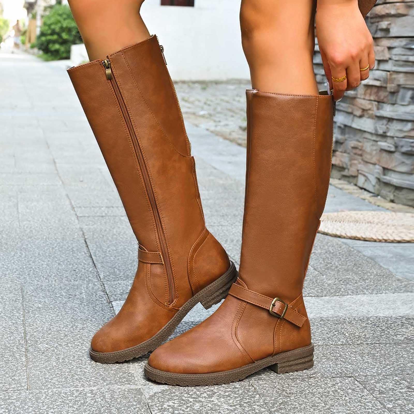 Generisch Botas de equitación de invierno Botines de moda con cremallera lateral y correas, botines, zapatos de invierno