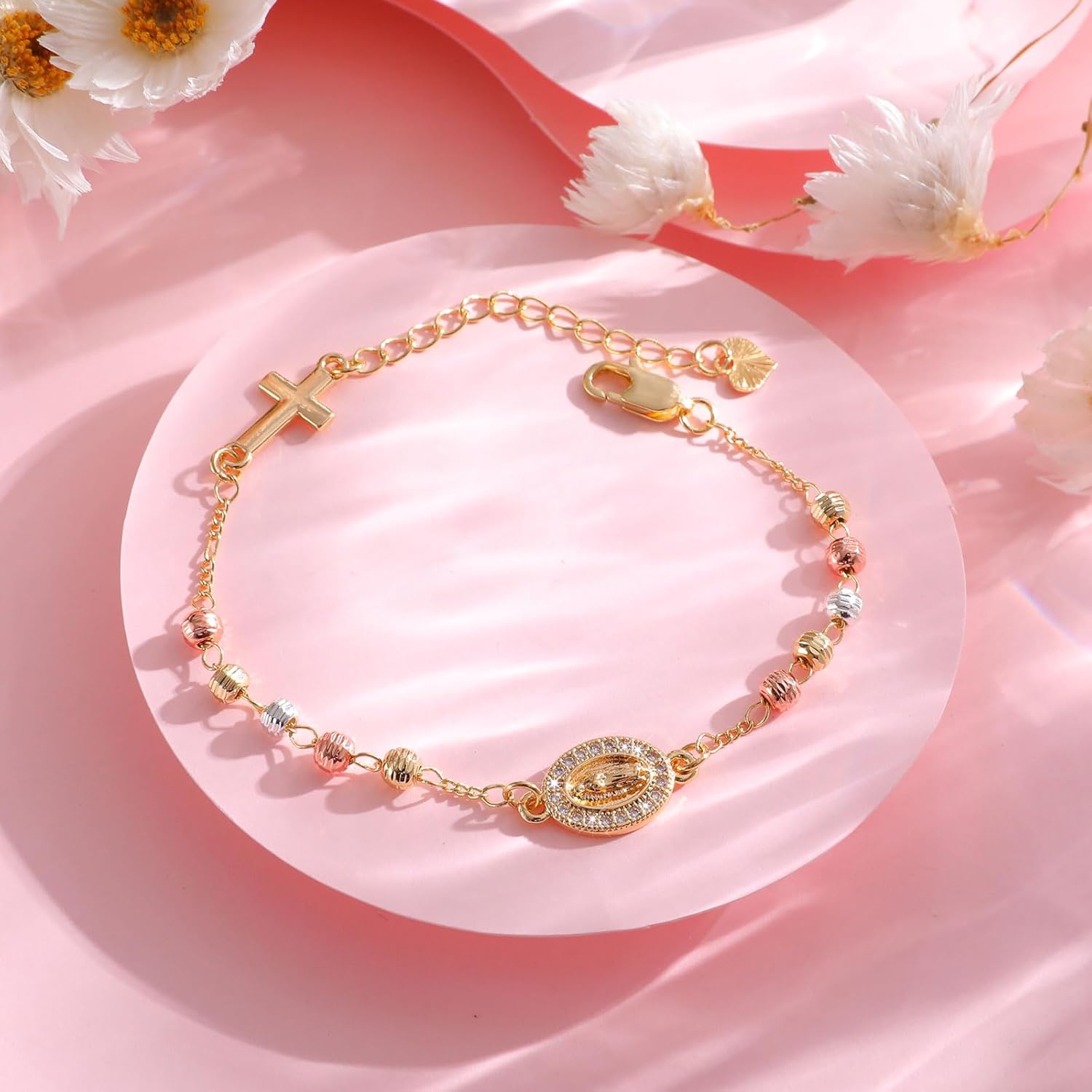 Religious Gift Rosary Bracelet for Women-14K gold plated Virgen de Guadalupe Rosary Beads Cross Charm Link Chain, Dainty Virgin Mary Catholic Gifts for Confirmation Baptism First Communion Godmother - Image 7