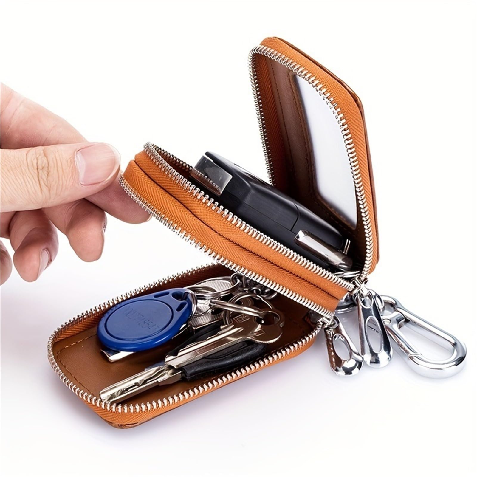 Car Key Chain Auto Split Leather 2 Zipper Case Holder Storage Bag For Man Women's Transparent Pocket(Red)