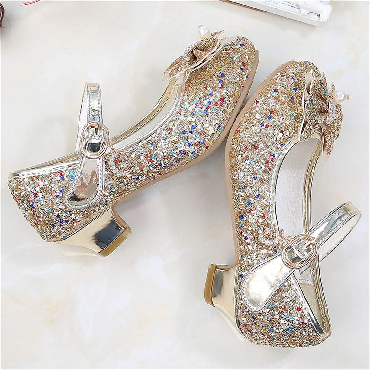Princesse Chaussures Enfant Fille Cendrillon Sandale Talon Haut Paillette Brillante Perle Crystal Noeud Papillon Scratch Pendentif Métal Mariage Soirée Anniversaire