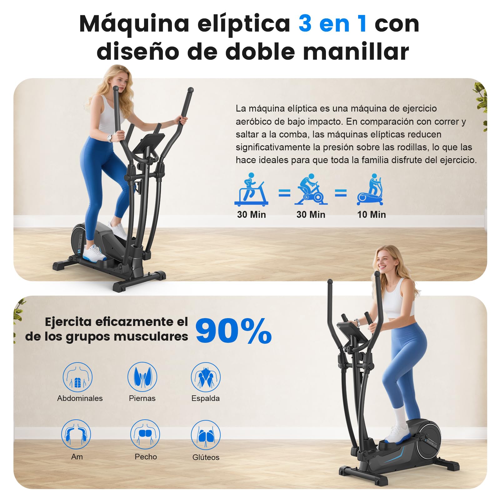 Neezee Eliptica para Casa, Elíptica Ultrasilenciosa con 16 Niveles de Resistencia, Volante de 8 kg, Zancada de 16,5 Pulgadas, Pantalla LCD Multifunción, Sensores de Pulso, Soporta hasta 150kg