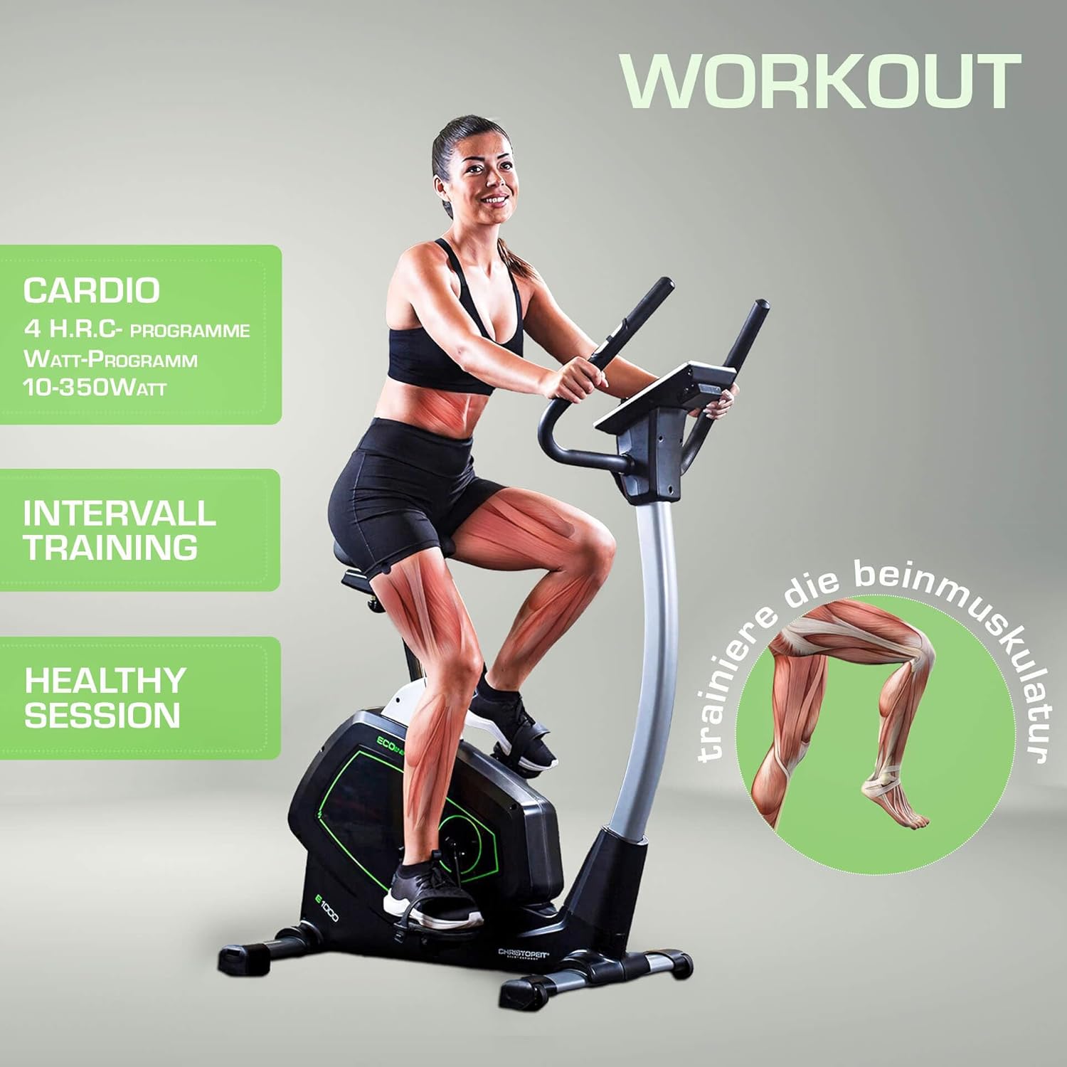 Woman exercising on Christopeit Sport Eco 1000 Ergometer, highlighting cardio, interval training, and healthy session modes, with focus on leg muscle engagement.