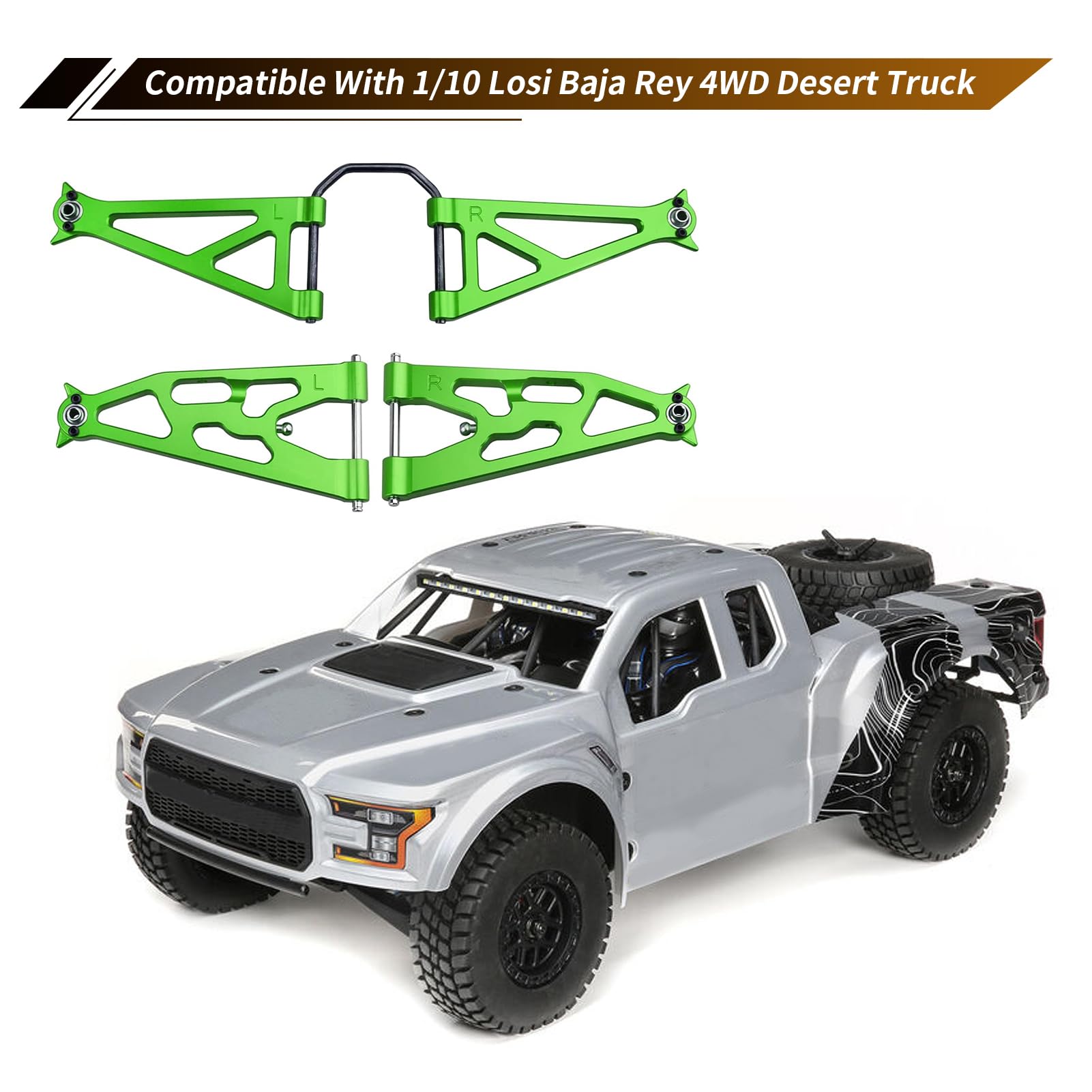 FriHobby Aluminum Front Suspension Arms Set Upper and Lower for Losi Baja Rey Upgrades, Replaces LOS234004 (Green)