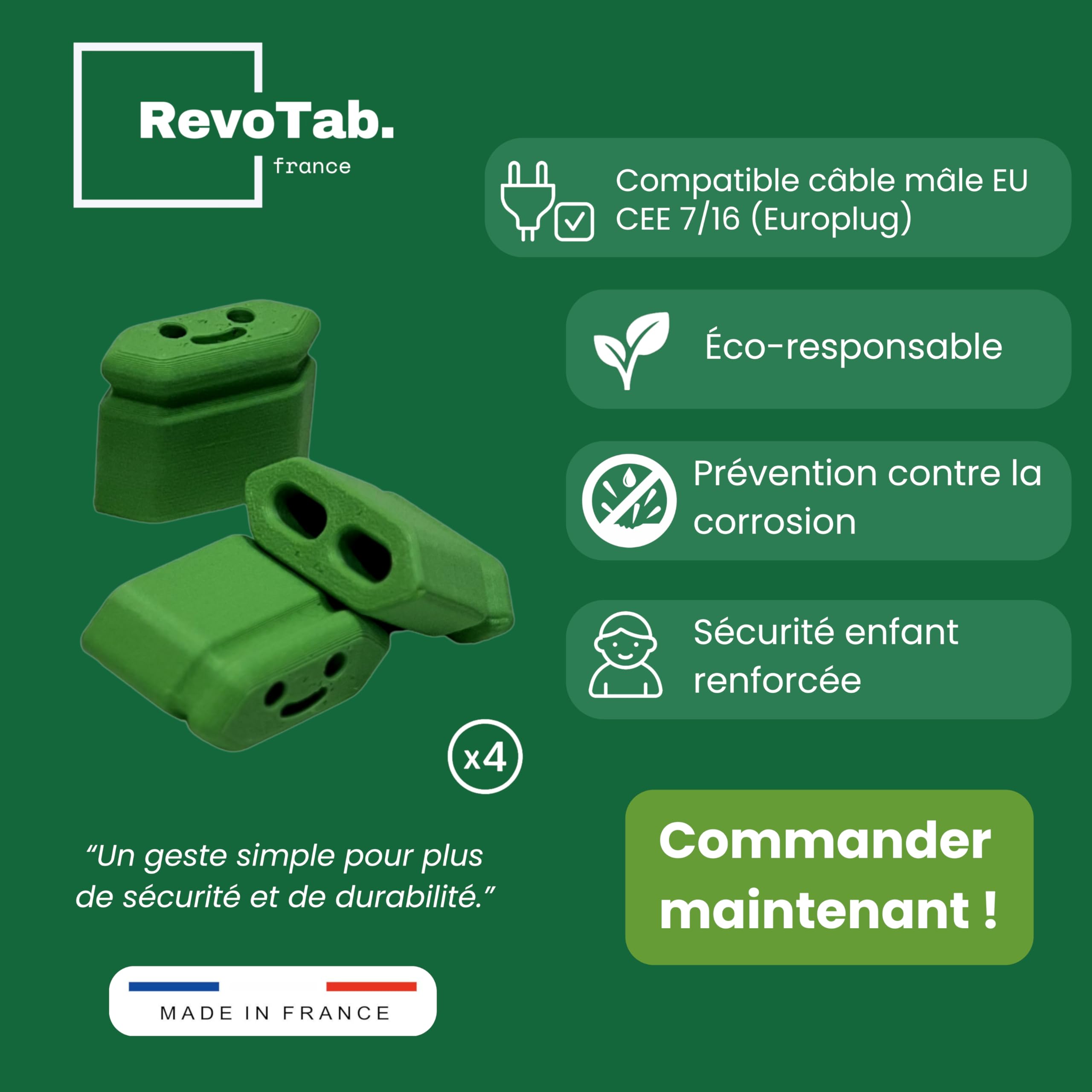 Lot de 4 Capuchons de Protection câble Électrique – Câble EU CEE 7/16 – Anti-Poussière, Anti-Corrosion – Pour Chargeur, Lampe, USB – Éco Responsable – Made in France – Protection bébé