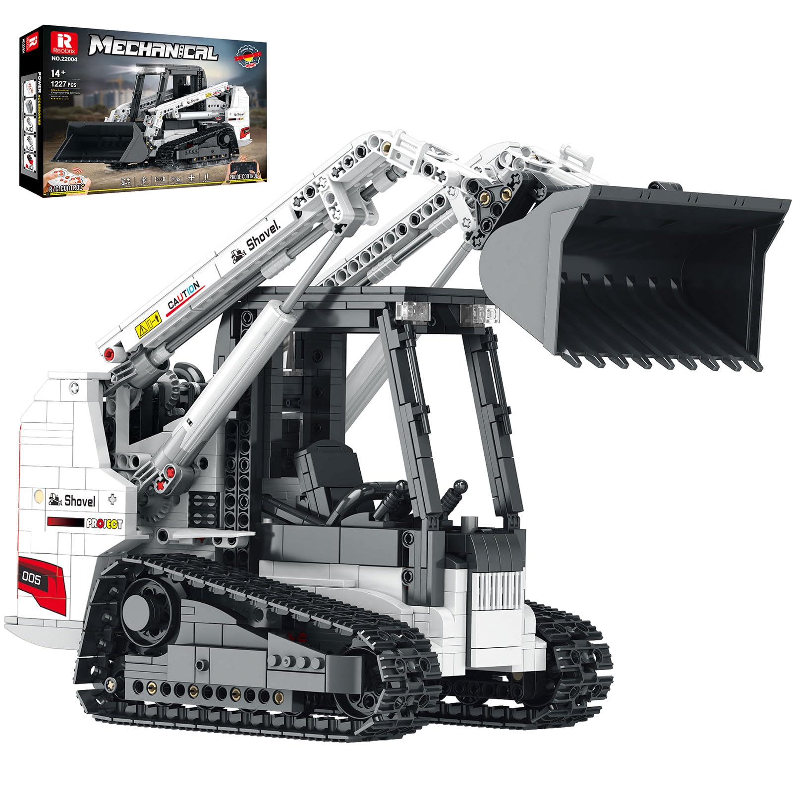 Reobrix Bobcat Kompaktlader Baustein Set für Erwachsene,22004 RC Gesteuertes Bulldozer Bausatz Set,Technisches Fahrzeuge Konstruktionsspielzeug mit 2,4 GHz für Fahrzeugmodell Enthusiasten (1227 Teile)