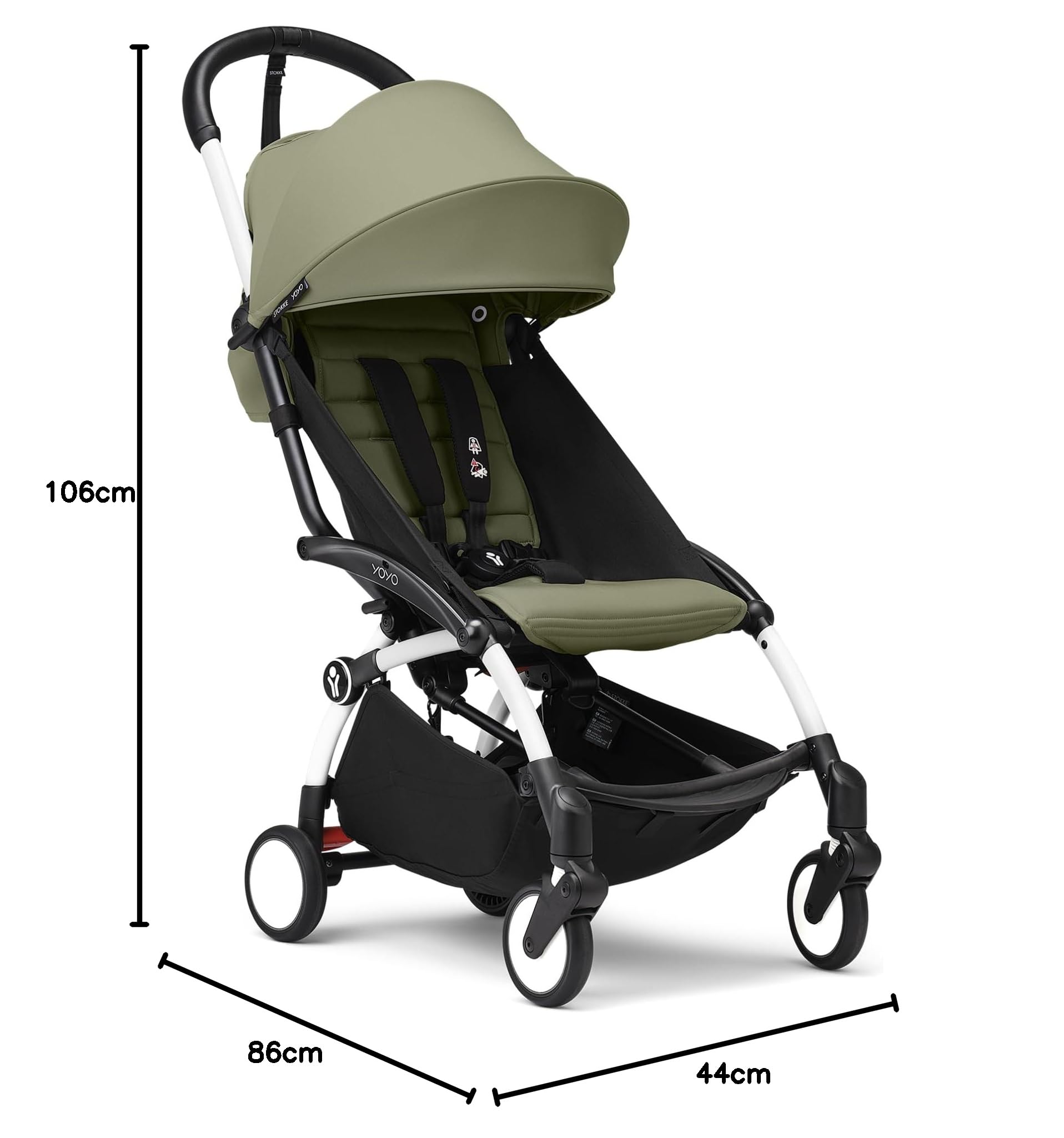 Cochecito Stokke YOYO3 a partir de 6 meses - Incluye chasis blanco/cojín de asiento Olive + dosel - Se pliega y despliega en un instante - Ligero y compacto - Compatible con equipaje de mano