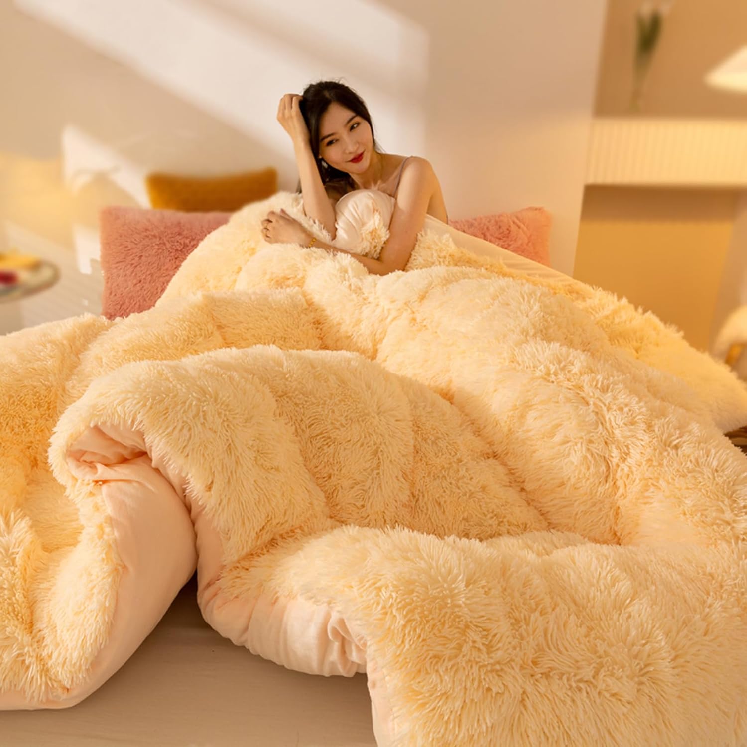 AETVRNI Luxury Thick Fluffy Faux Fur Comforter,Big Heavy Warm Winter Comforter Set,Modern Casual Ultra Soft Thick Blanket All Season Plush Shaggy Bedding 1 Piece,Yellow,Twin - Image 4