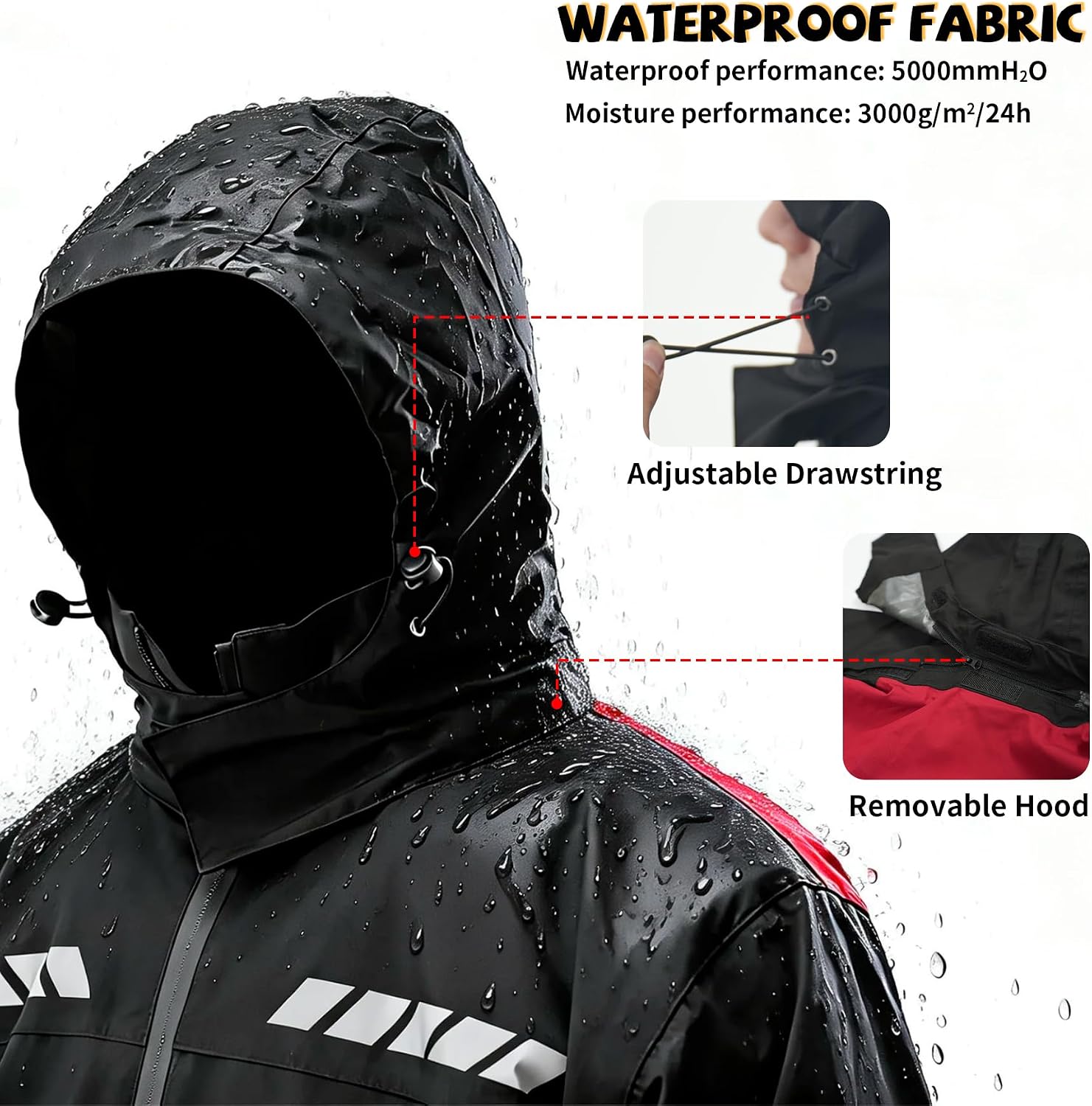 Men's Motorcycle Rain Suit, Waterproof Lightweight 2-Piece Set with Detachable Hood, Reflective Stripe for Riding Cycling (Red&Black, Small)