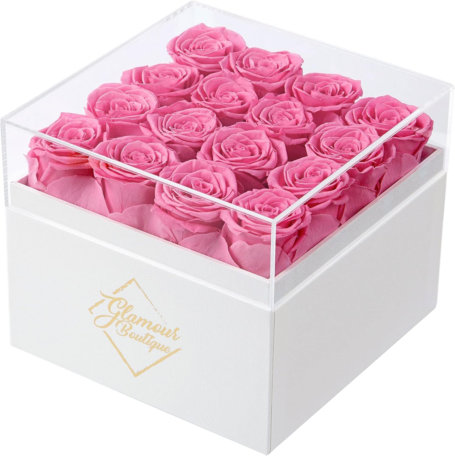 GLAMOUR BOUTIQUE Preserved Roses in a Box - Gifts for Her, Wife & Mom, Rose Flowers Forever Decor for Birthday Gift, Get Well Flower Bouquet Cased in White Box with Cover - Pink - 16 (Color-Treated)