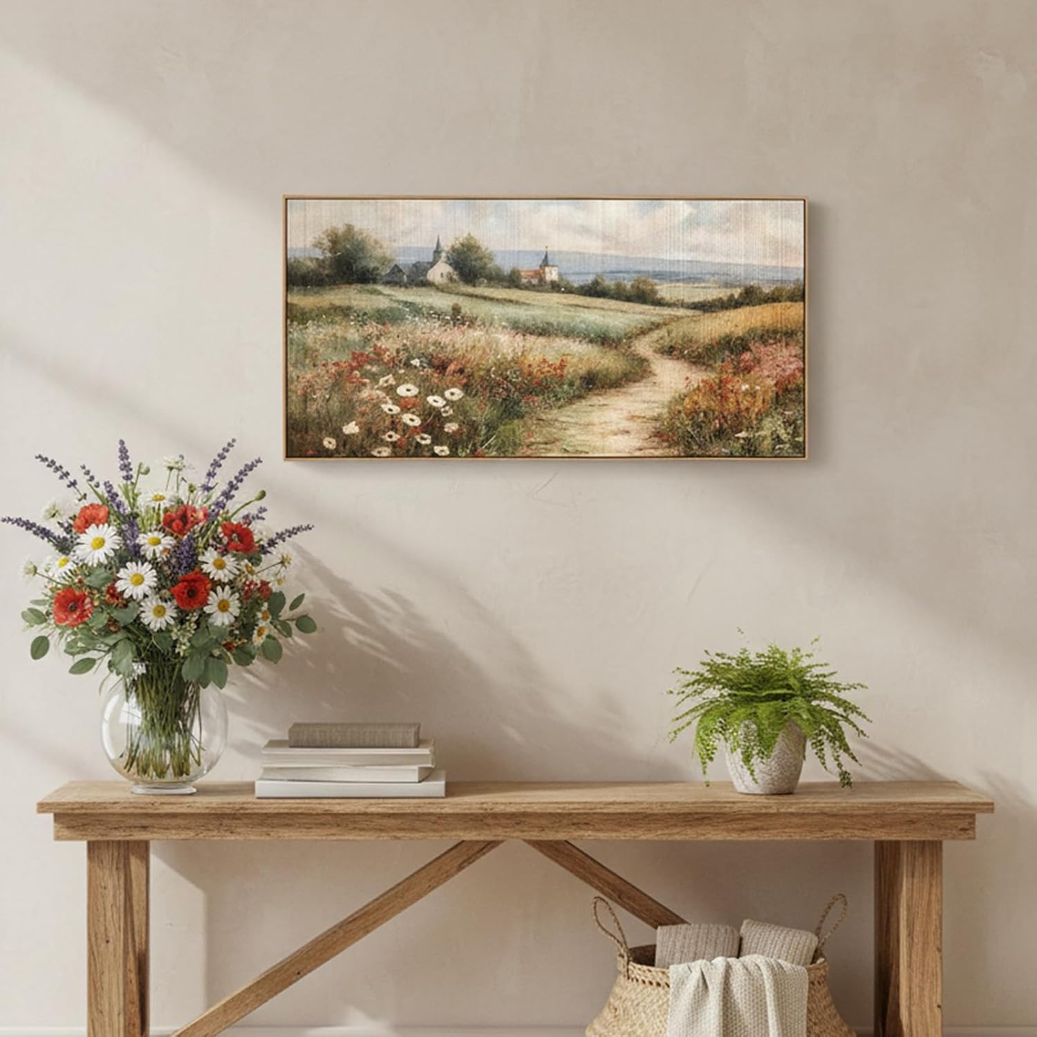 HUADAOART Framed Wall Art Rustic Countryside Landscape with Flowers and Church Canvas Prints Natural Picture Artwork for Bedroom Living Room Home Decor 24 x 48 Inches Ready to Hang