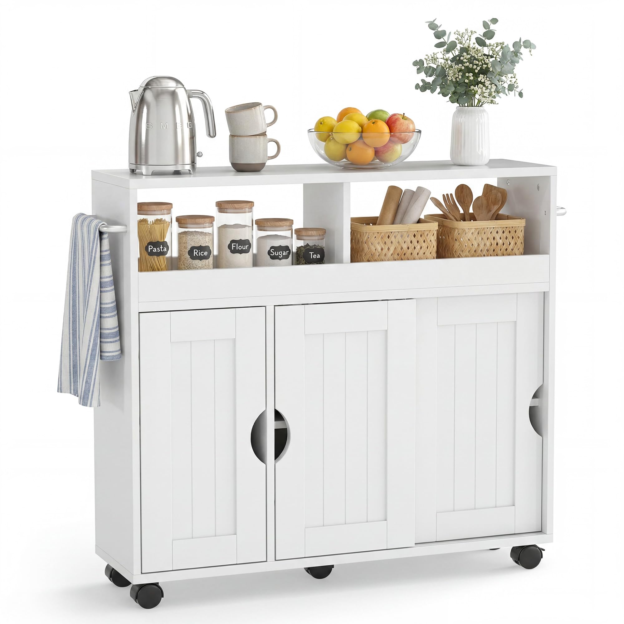 GIANTEX Badezimmerschrank mit Rollen, schmaler Badschrank mit verstellbarem Regal, Schiebetür, offene Fächer & Handtuchhalter, Nischenschrank Aufbewahrungsschrank für Wohnzimmer, Küche, 75x20x72 cm