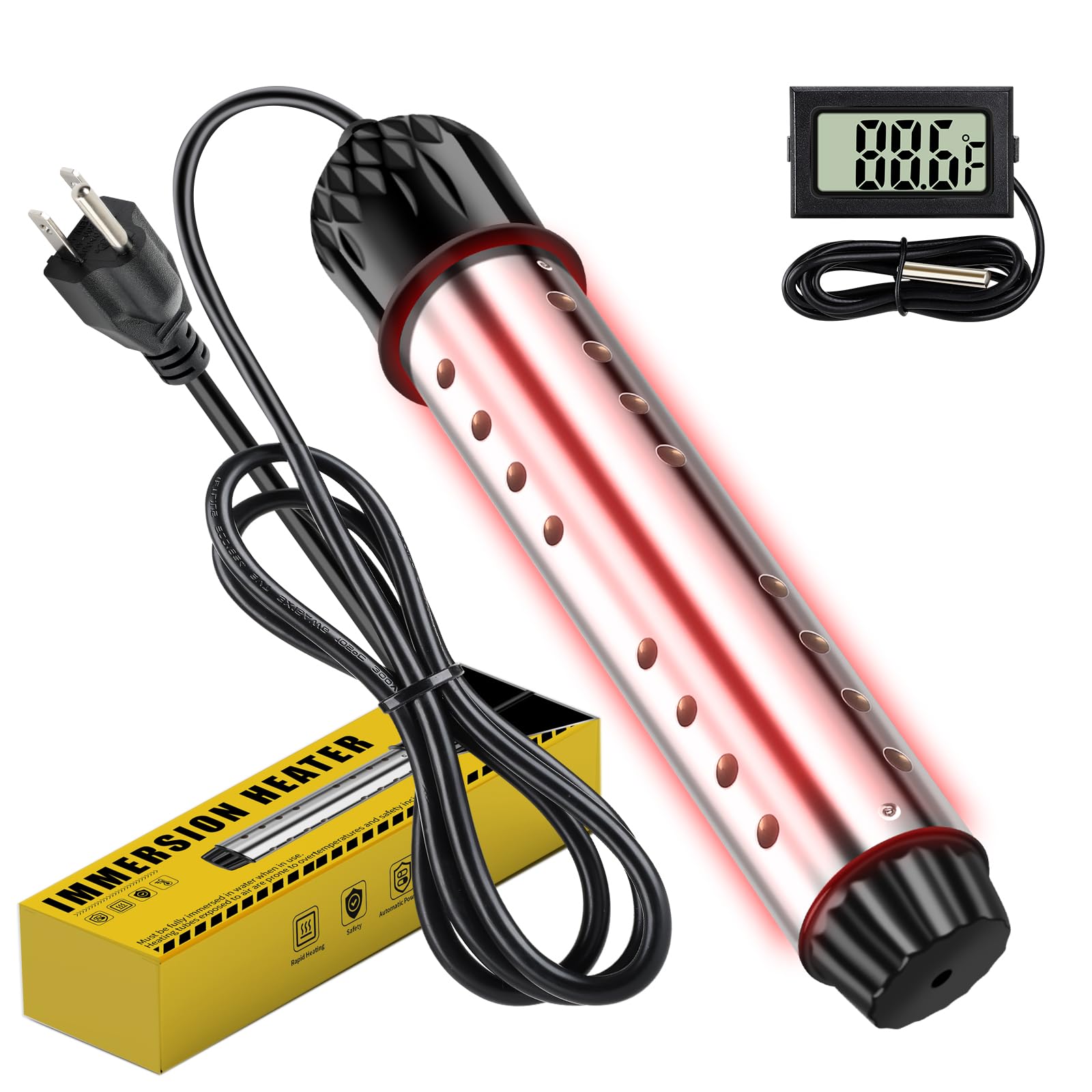Photo 1 of 2000W Immersion Water Heater with Digital Thermometer, Portable Bucket Heater with Auto Shut-Off & 304 Stainless Steel Guard, Rapid Heating for Inflatable Pool, Bathtub & Home Use