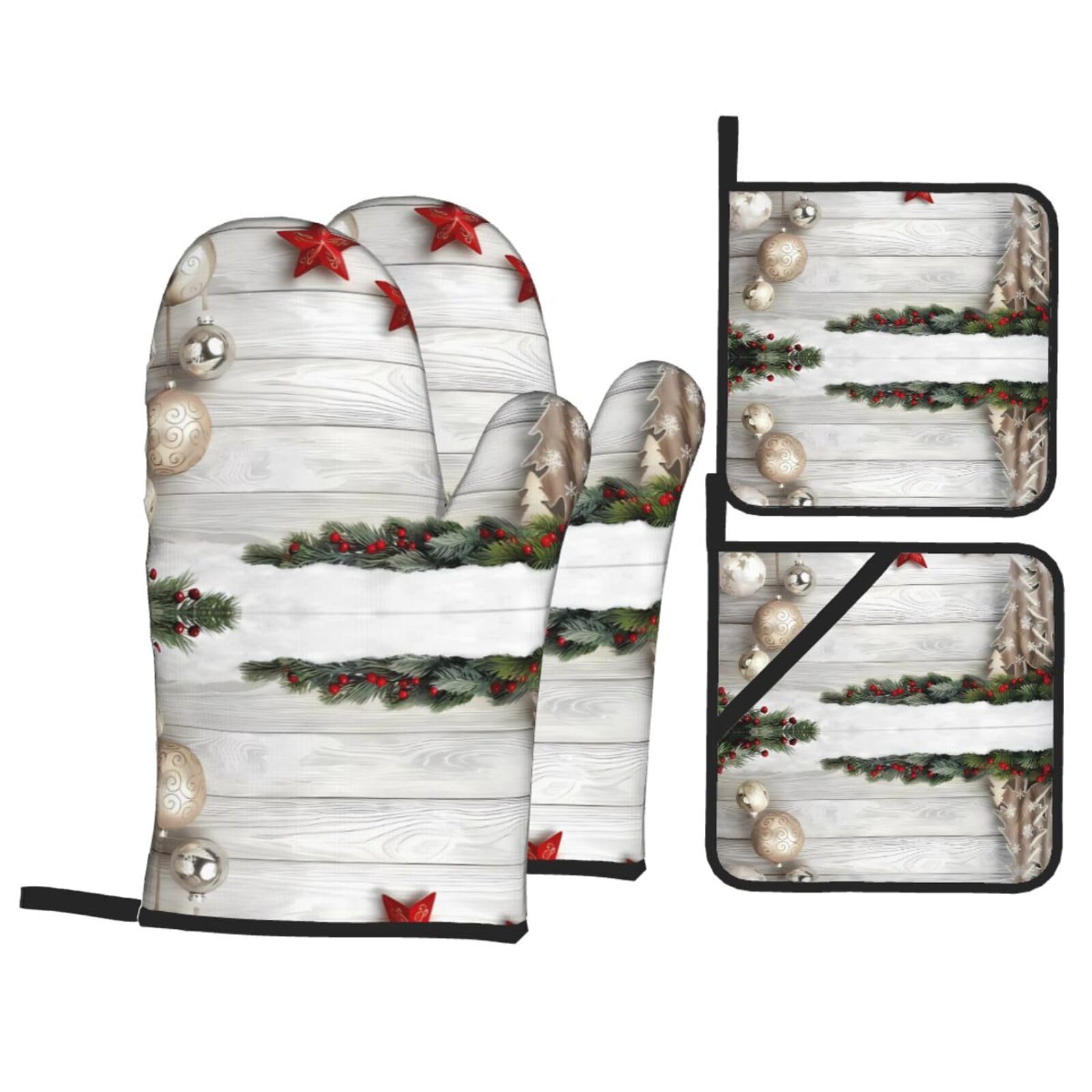 HJFCZH Christmas Tree and Bells Prints Kitchen Throw Set: Durable Oven Layers with Waterproof Polyester – 4 Piece Heat Protection System