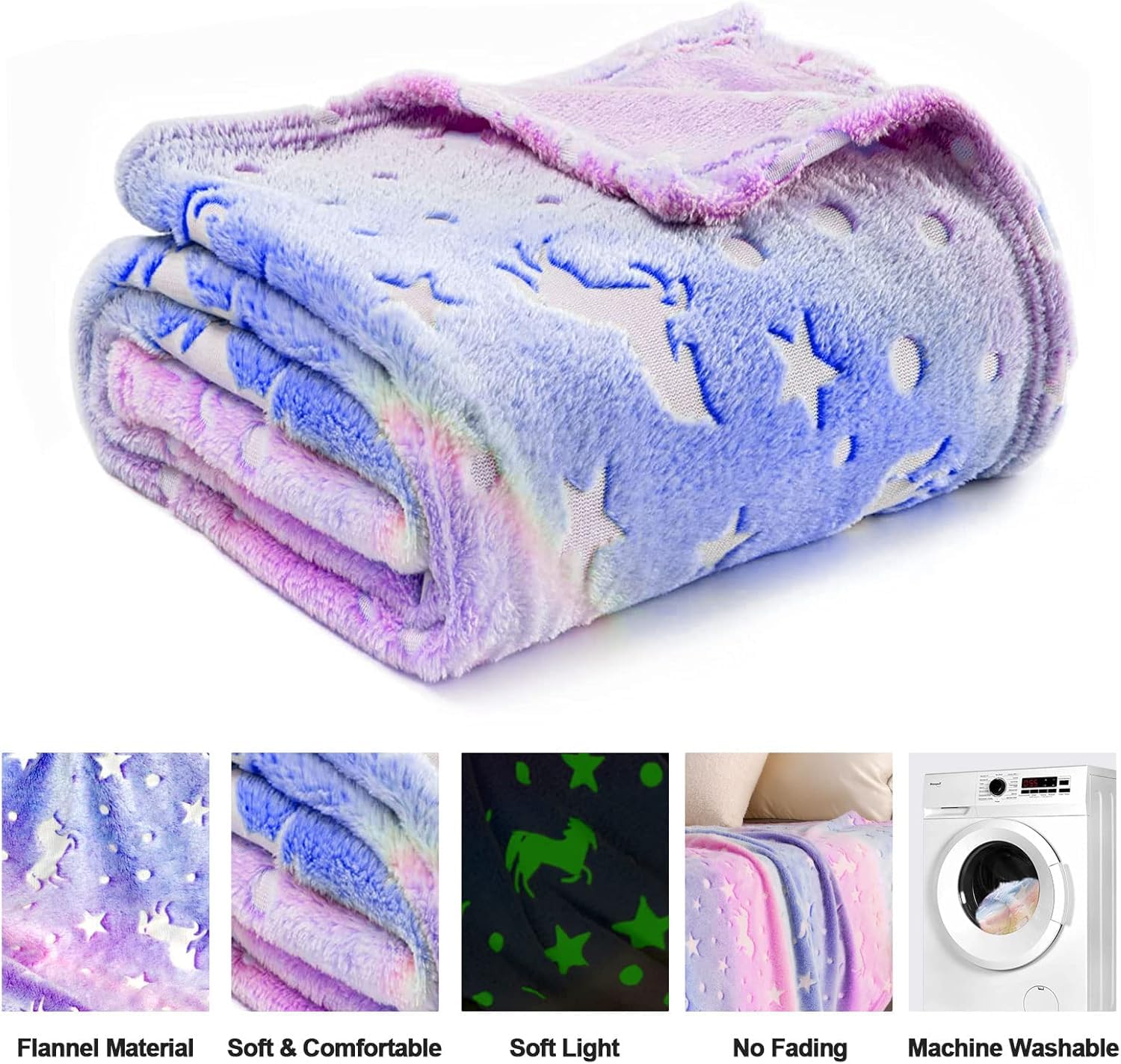 EXILOM Glow in The Dark Blanket for Kids, 200x152 Cm, Unicorns Gifts for Girls, Soft Kids Blankets for Christmas Birthday, Cozy & Warm All-Season Glow Blanket Ideal Gift for Boys & Girls (Purple) 3