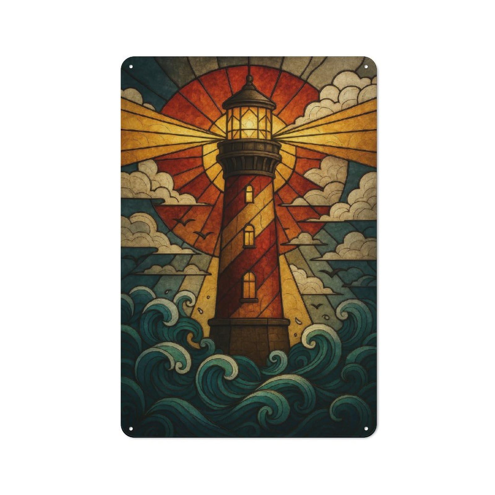 Junmoney Style-18 Stained Glass Lighthouse Tin Wall Sign 30X20cm, Country Style Bistro Wall Plaque For Coffee Bar, Kitchen, Bistro Or Tea Corner