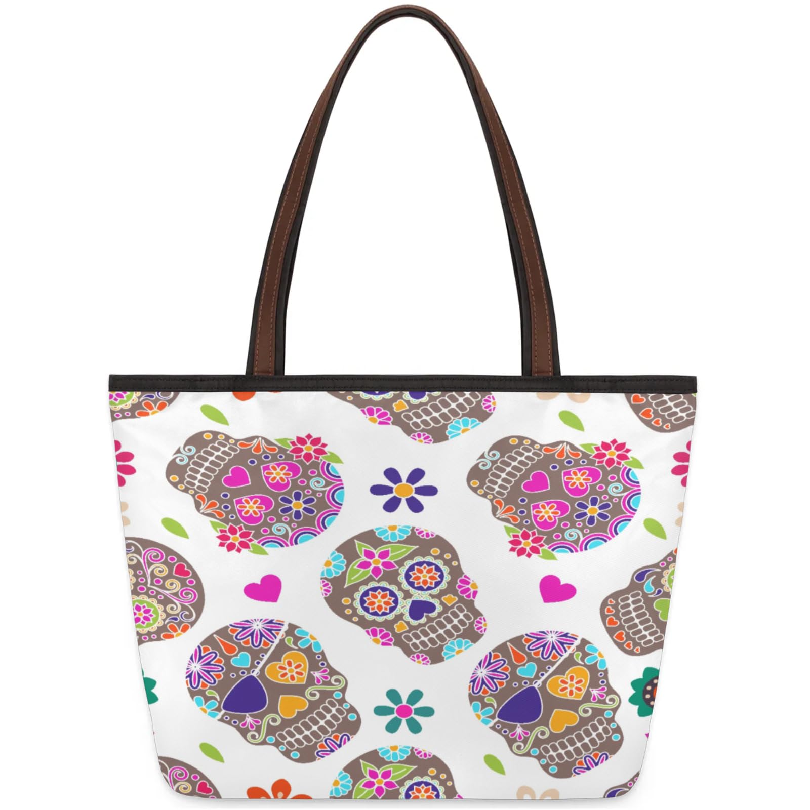 Sugar Skull Flower Heart Tote Bag Multi Pocket Zippered Beach Bag Lightweight Waterproof Handbag for Women Men Work Gym Travel Swimming Yoga Grocery Shopping M