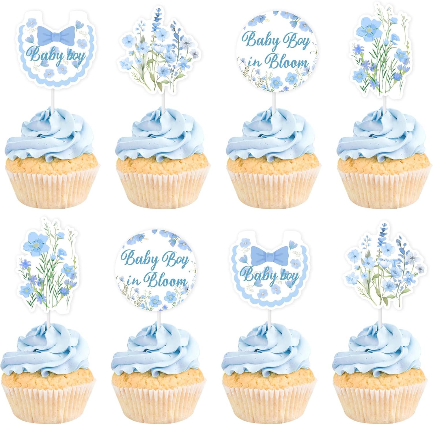 Kreatowow Baby Boy In Bloom Baby Shower Decoration Blue 36Pcs Baby-In-Bloom Cupcake Toppers Wildflower Baby-Shower Decoration Flower Birthday A Little Wildflower Is On The Way Decor for Pregnancy