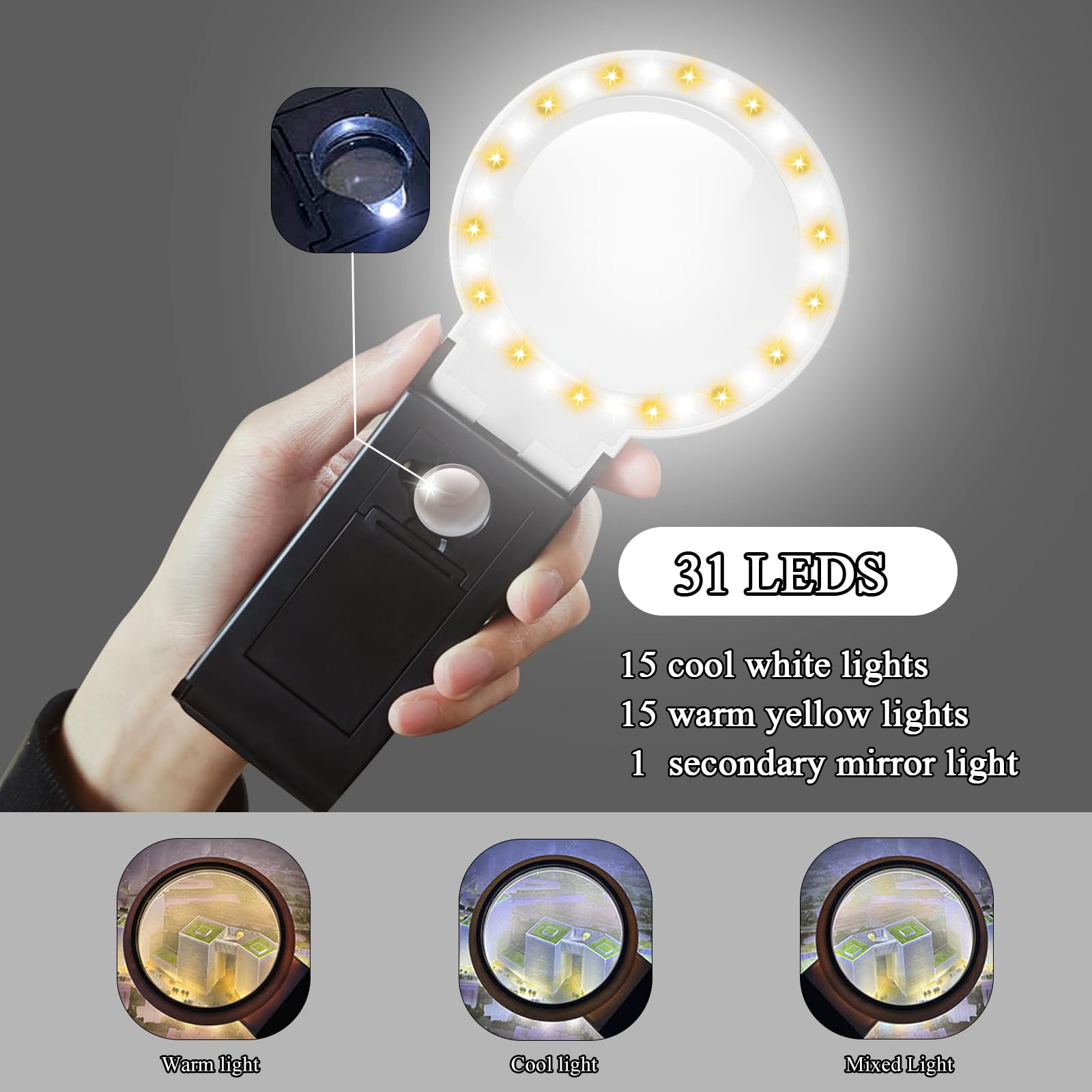 Lupa con Luz LED para Manualidades, 6X 25x Lupas De Gran Aumento, Lupas De Gran Aumento con 30 Luces LED, Lupa Manos Libres con Soporte, Plegable para Leer Libros, Soldadura, Inspección
