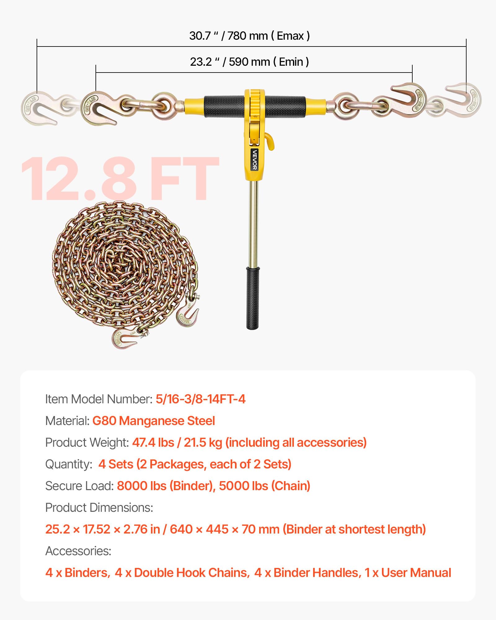 VEVOR Ratschenspanner 3628 kg, Ratschenlastspanner, Spannzurrketten G80, Ratschen-Lastbinder, Spannketten-& Binder-Set, Zurrkettenbinder für Transport, Abschleppen, Holzfällerei (4er-Pack)