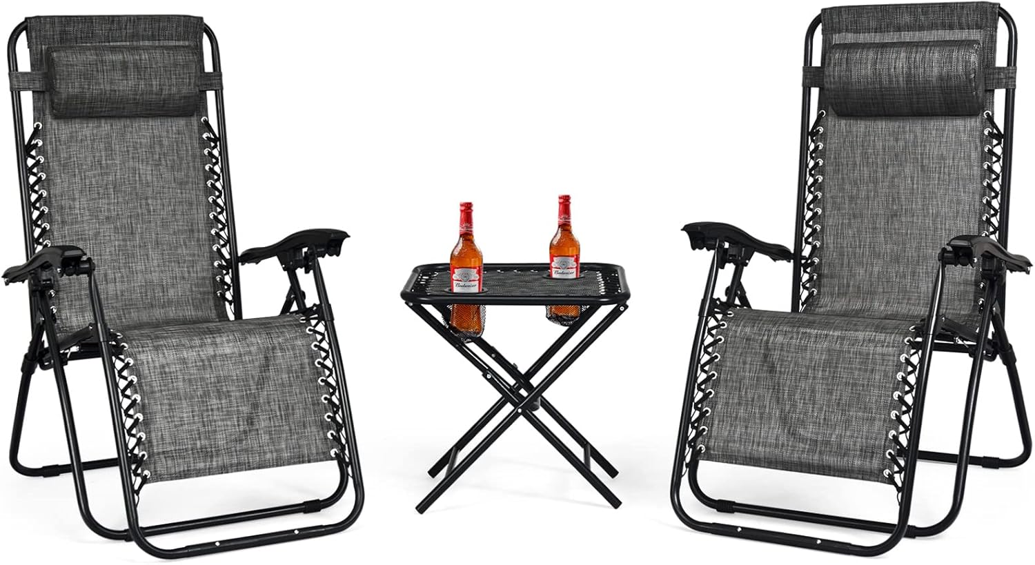 Goplus Zero Gravity Chair Set, 3 Pieces Outdoor Lounge Chair Recliners w/Side Table, Headrest and Cup Holders, Adjustable Folding Recliners and Table for Patio, Yard, Pool, Beach (Grey)