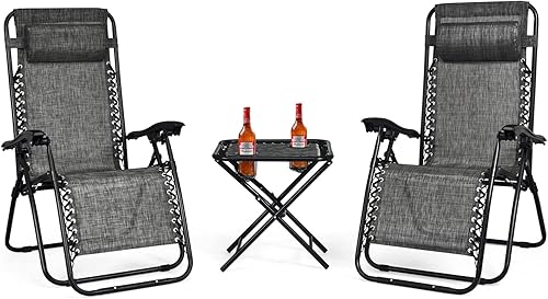 Miniatura 10 de Goplus Juego de sillas de gravedad cero, 3 piezas de sillas reclinables al aire libre con mesa auxiliar, reposacabezas y portavasos para colgar