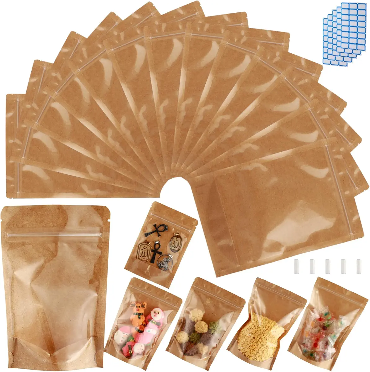 150-Pack Kraft Paper Bags with Clear Window 4&#34; x 6&#34; Reclosable Small Stand Up Mylar Bags for Food Storage Resealable Smell Proof Zip Lock Pouch, Edible Packaging, Reusable bags for Small Business