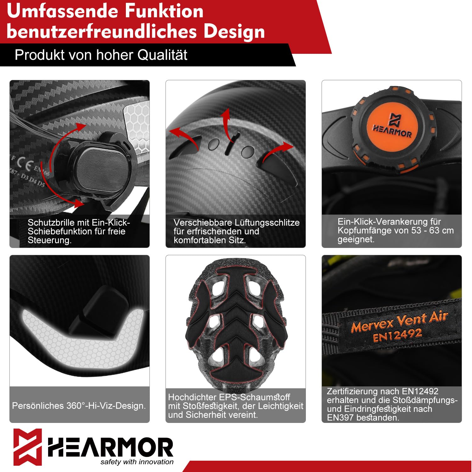 HEARMOR Höhenarbeiten Industriehelm Erwachsene Bauhelm mit Aktivem Gehörschutz ABS Schutzhelm Zertifizierung EN12492 Bestanden EN397 Stoßdämpfung und Eindringfestigkeit Test SNR 32dB mit Bluetooth