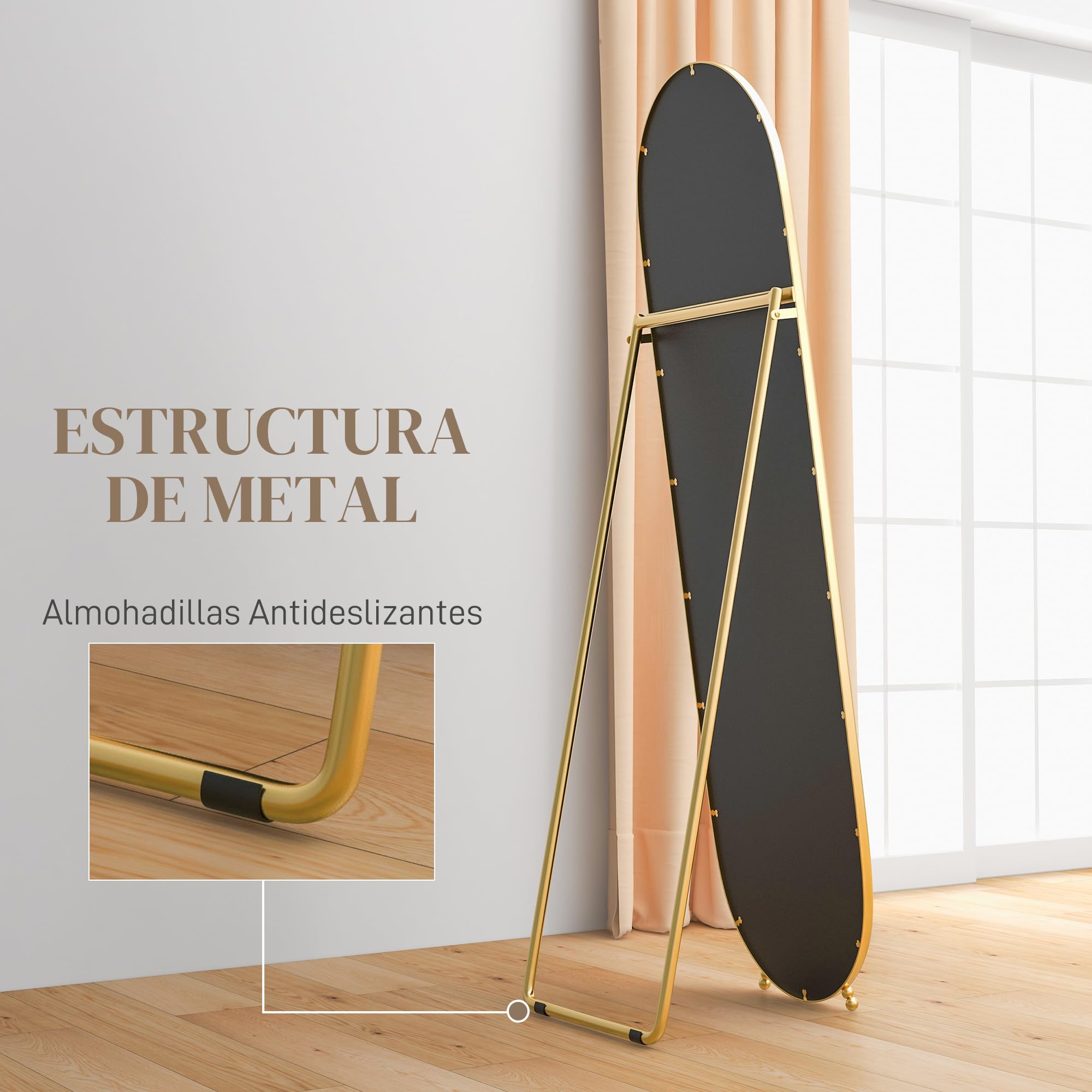 HOMCOM Espejo de Pie Cuerpo Entero Ovalado 160x40 cm, Espejo de Cuerpo Entero con Soporte, 2 Formas de Uso, Independiente y Apoyado, para Salón, Entrada, Dormitorio, Vestidor, Dorado