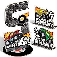 Vista 8 de 3 piezas de centro de mesa de madera escalonada de madera para auto de carreras de 2º cumpleaños, decoración del hogar (doble cara)