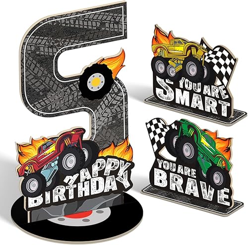 Miniatura 8 de 3 piezas de centro de mesa de madera escalonada de madera para auto de carreras de 2º cumpleaños, decoración del hogar (doble cara)