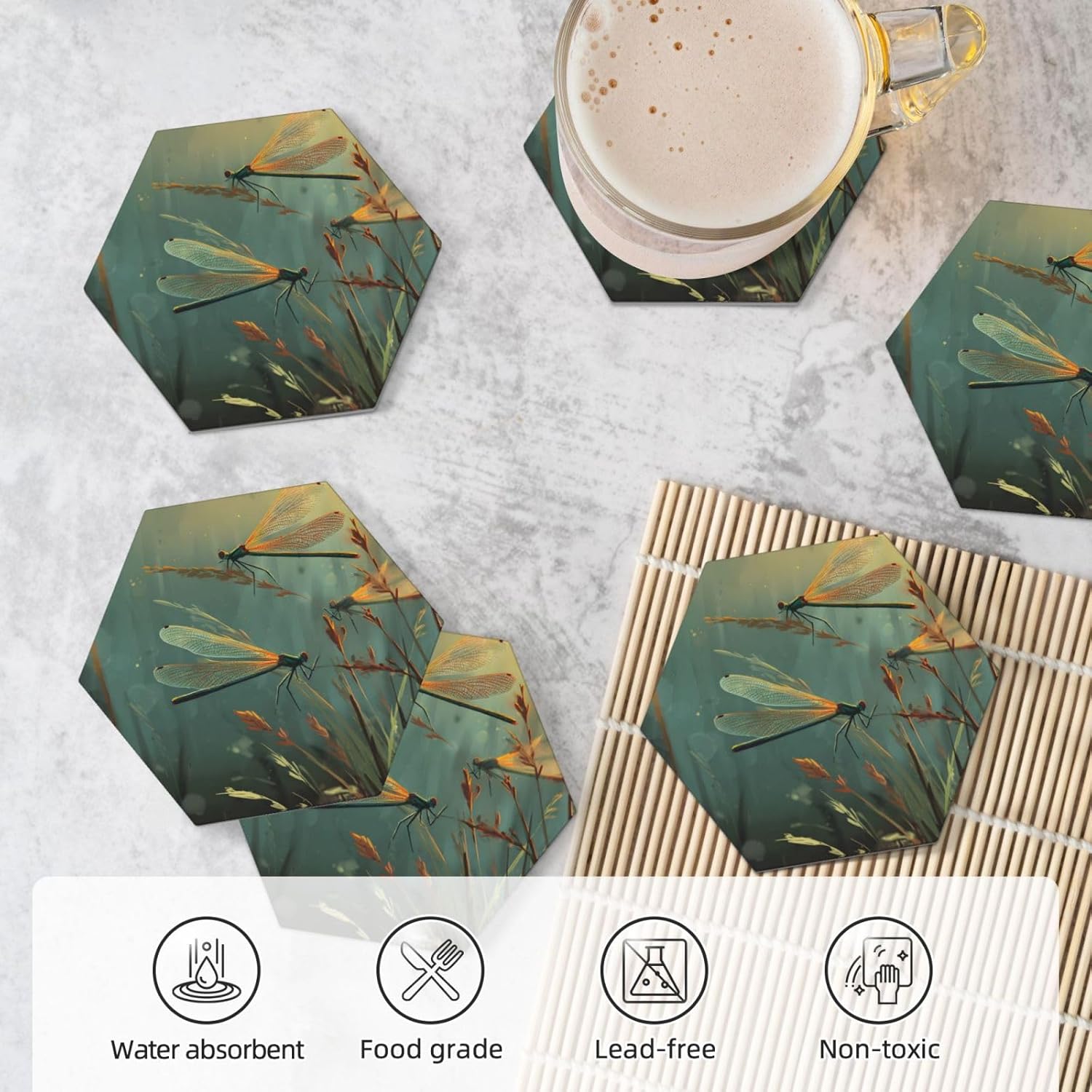 (Dragonflies) Ceramic Coasters Set of 6 with Holder Non-Slip Hexagon Coffee Coasters for for Cup Mug Drink Patio Coffee Table Decor, Christmas Coasters Home Bar Supplies
