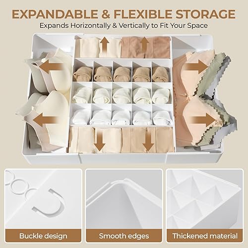 Miniatura 4 de Organizador de cajones ajustable divisor de 19 rejillas para calcetines, brasieres y bragas, caja de almacenamiento de armario para ropa interior y