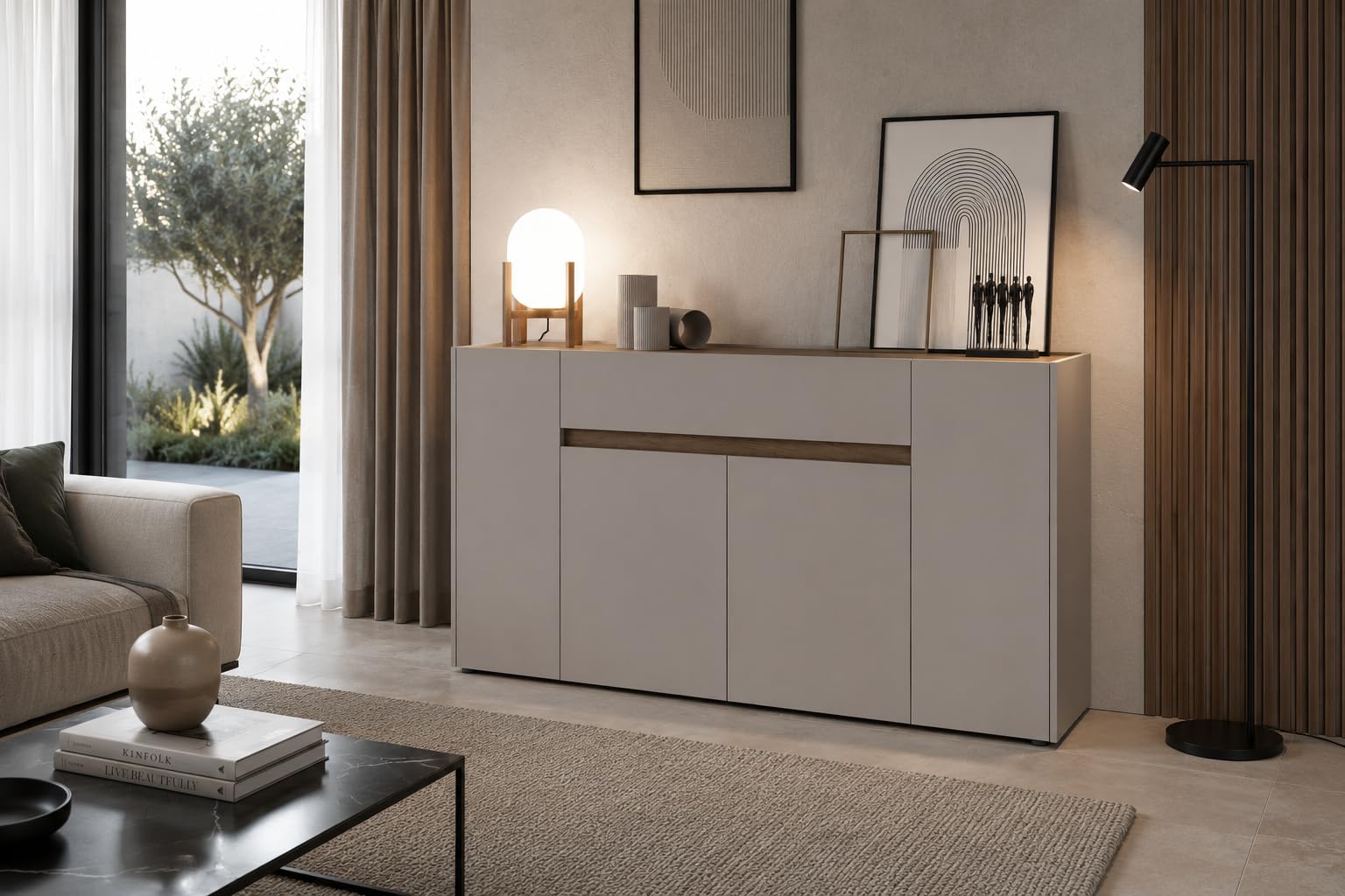 Credenza Moderna Madia In Melaminico Con 4 Ante E 1 Cassetto Mobile Contenitore Sala da Pranzo Soggiorno Design Senza Maniglie Elegante Capiente 170 x 85 x 40 cm (Noce Chiaro)