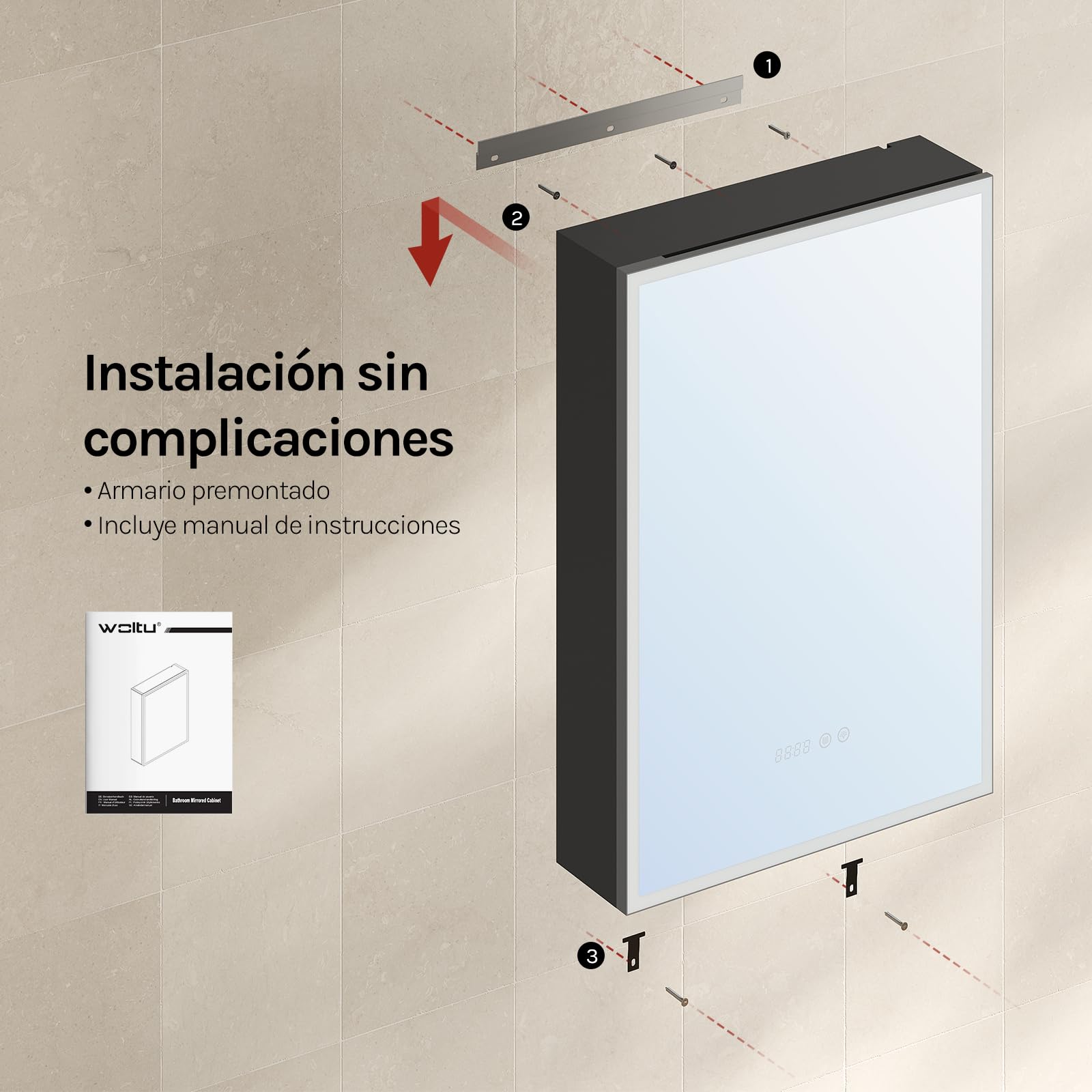 WOLTU Espejo de Baño con LED, Espejo con Espacio de Almacenamiento, Función Antivaho, Estantes Ajustables, Lupa de Aumento 3×, 1 Puerto USB, 1 Puerto Type-C, 2 Enchufes, 14,5×50×70 cm, Negro