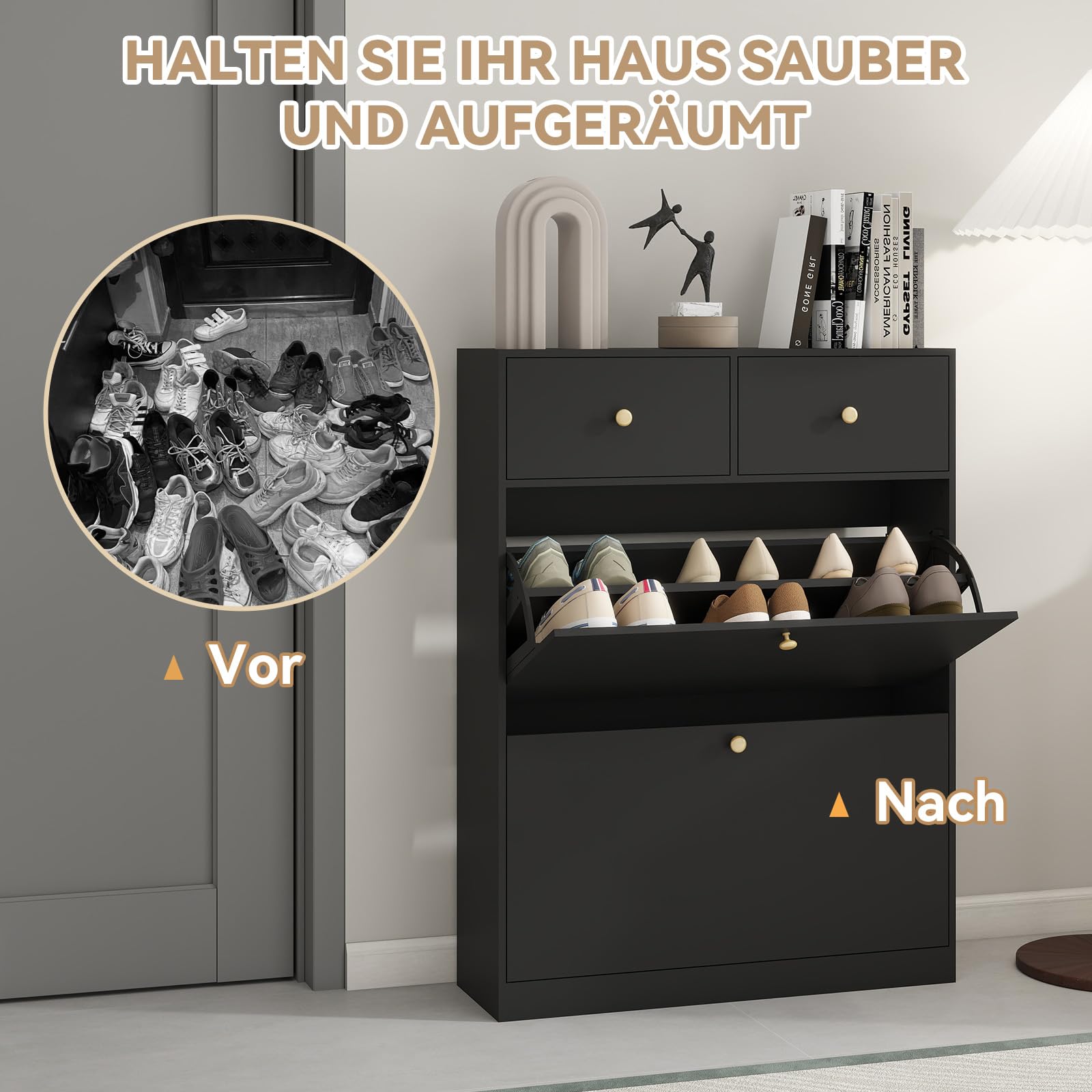 YOURLITE Schuhschrank Schmal,Schuhkipper,2 Klappen & 2 Schubladen,Schwarz | Platzsparender Schuhkipper Holz,Schuhkommode,Trennwand Verstellbar,für Flur,Eingang,Diele,Wohnzimmer,80x24x106cm