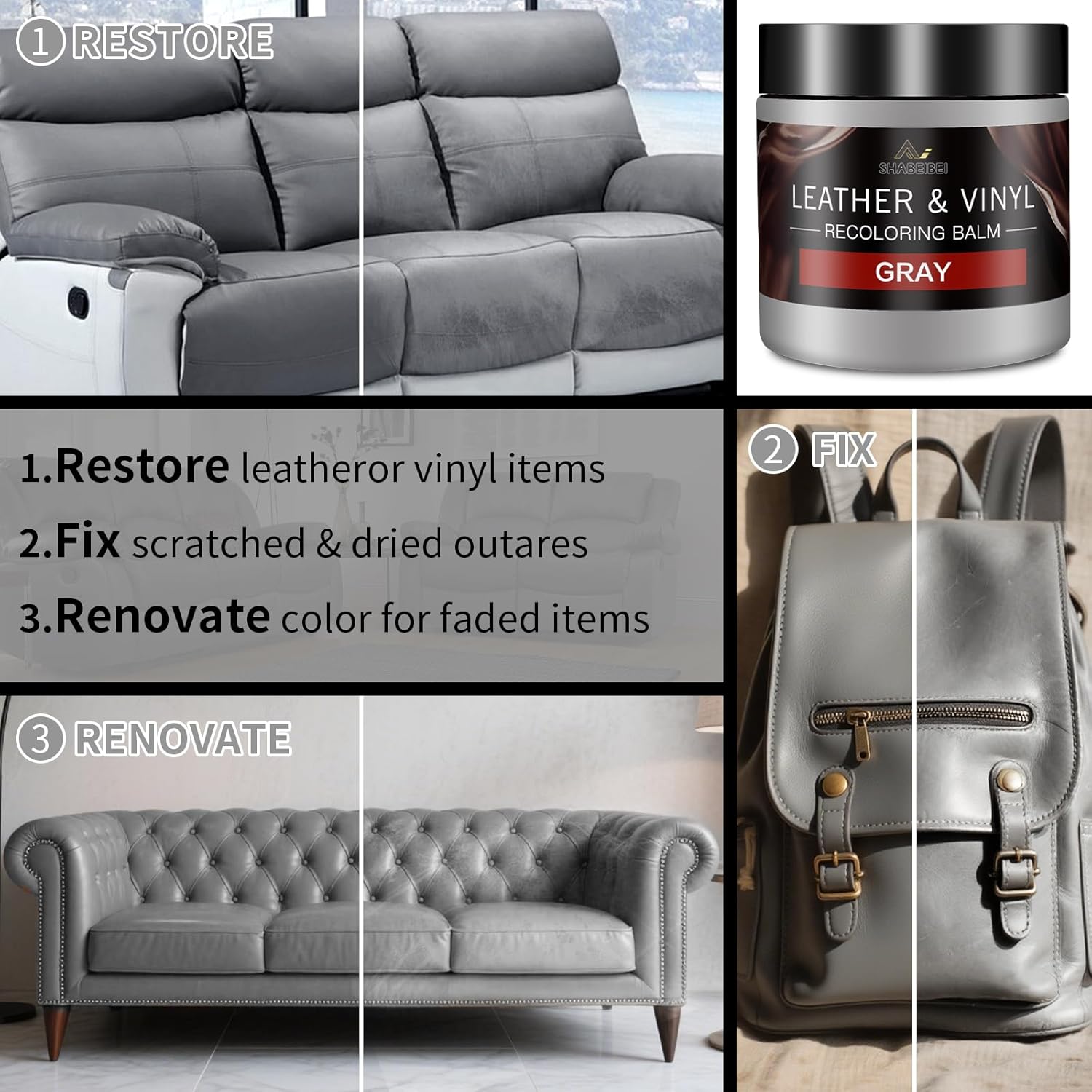 Leather Recoloring Balm with 100ml Mink Oil, Gray Leather Repair Kit and Scratch Remover for Furniture, Car Seats, Sofas, Dye & Restorer for Couches, Vinyl, PU, Faux - Image 4
