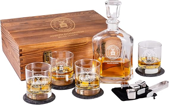 Personalized Military Decanter - Custom Engraved Glass with Optional Wooden Box - Army, Navy, Air Force, Coast Guard - Active & Retired Decanter Glass Set