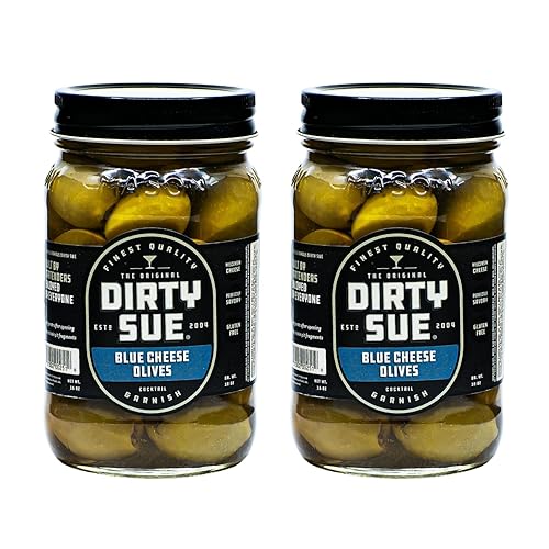 Dirty Sue Aceitunas rellenas y cebollas - Juego de 2 tarros de 16 onzas (queso azul)