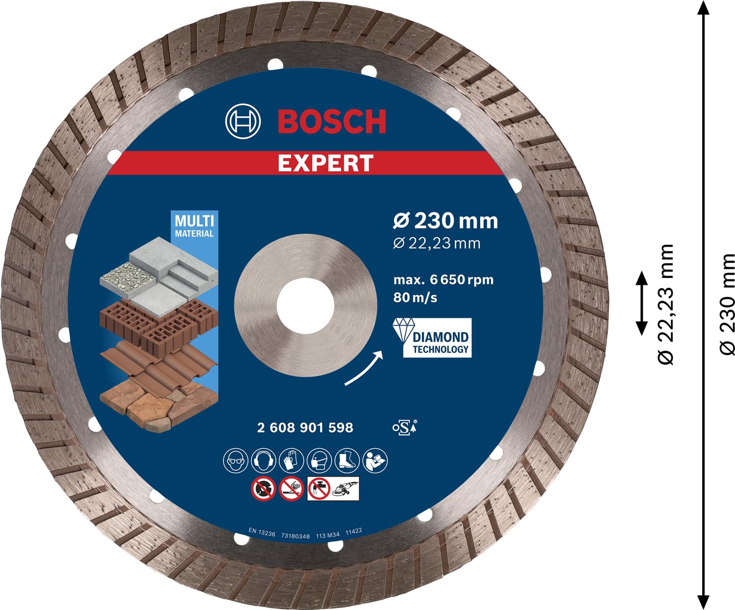 Bosch Accessories Bosch Accessories Bosch Professional 1x EXPERT MultiMaterial Turbo Diamanttrennscheiben (für Beton, Ziegelstein, Ø 230 mm, Zubehör Großer Winkelschleifer)