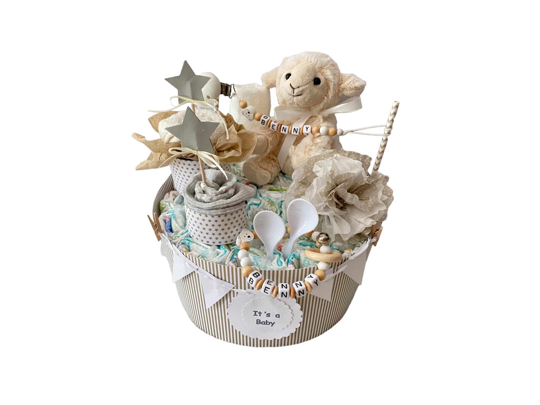 Windeltorte - Kuscheltiere - Geschenk zur Geburt, Babyparty, Taufe, Babygeschenk (Beige Boho) - Handarbeit - ca. 30 Windeln Größe 3