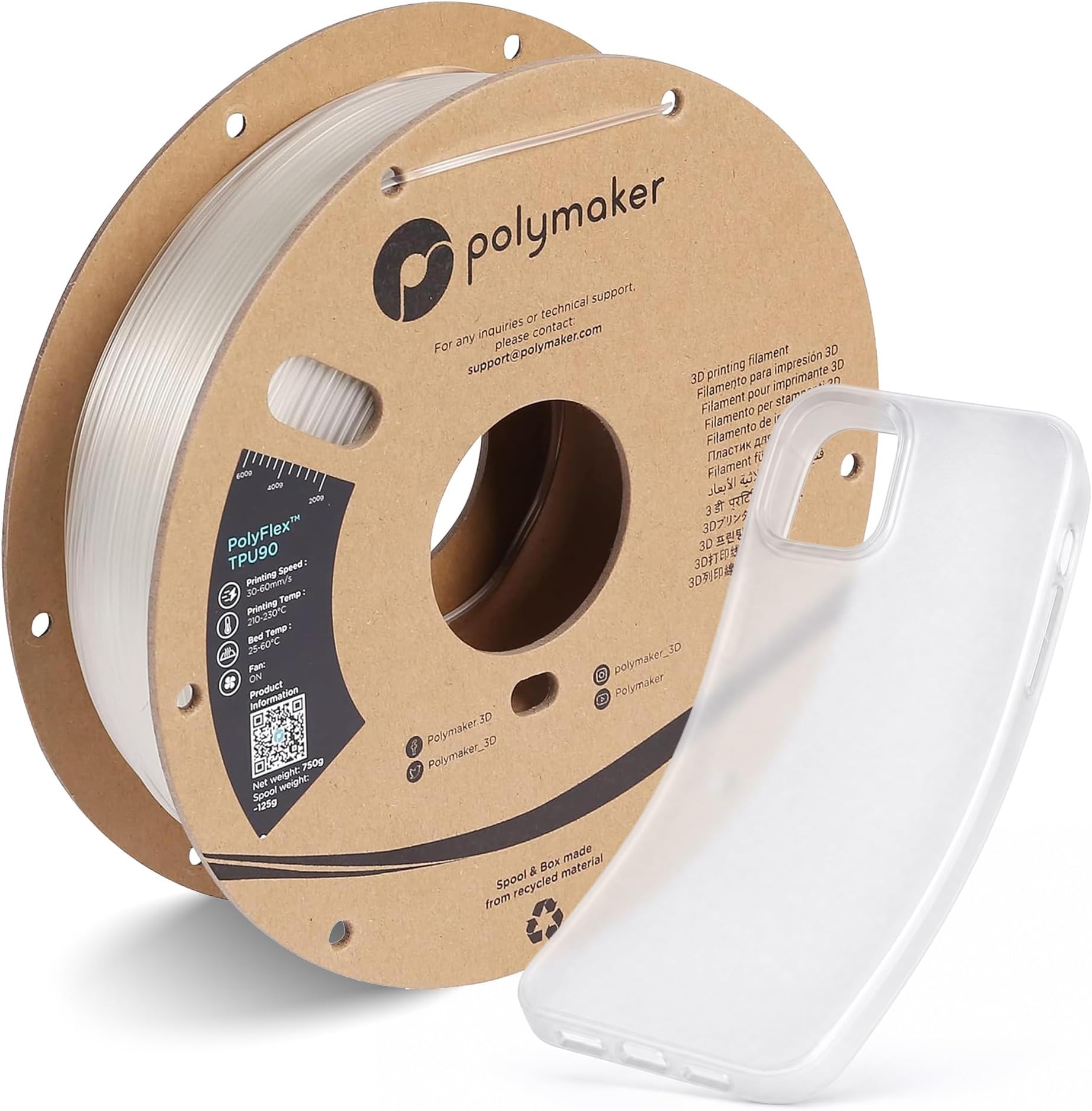 Polymaker TPU Filament 1.75mm Clear, 0.75kg Shore 90A Flexible 3D Printer Filament 1.75mm - PolyFlex TPU90 3D Printing TPU Filament 0.75kg Clear Soft Flexible Filament