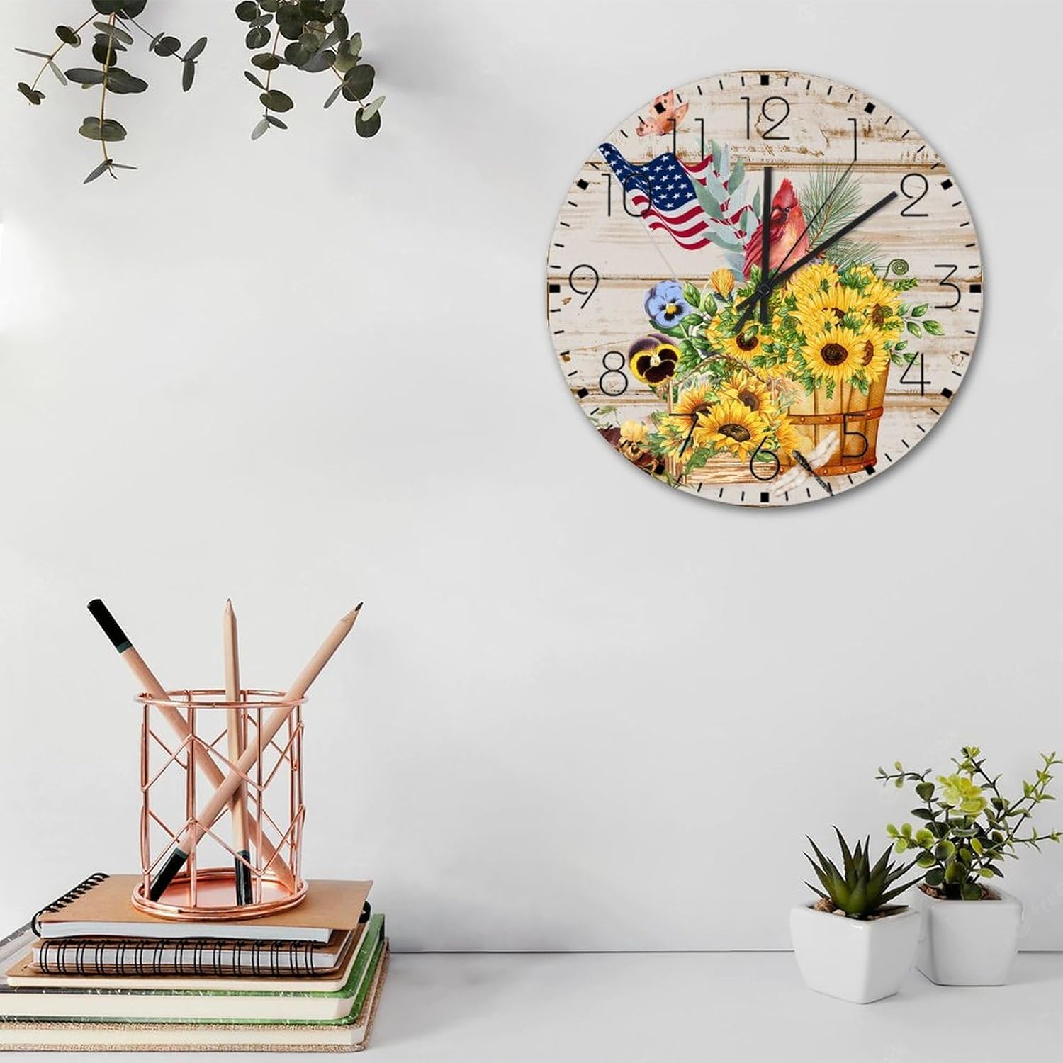 Wood Wall Clock Battery Operated Non Ticking Analog 4th of July Patriotic Sunflower Cardinal Custom Wall Clocks American Banner The Old Glory Wall Decor for Study Room Patio Conference Room 12 Inch